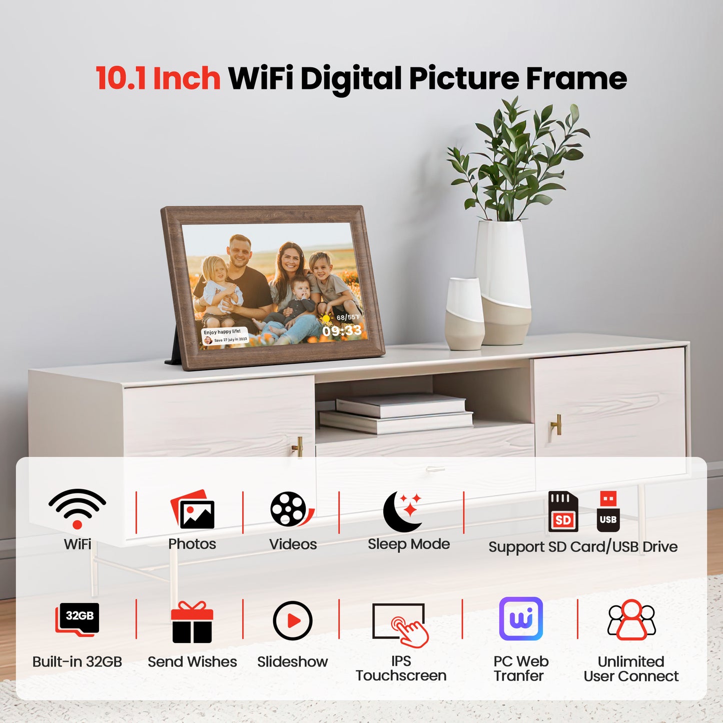 Uhale 10.1 Inch Digital Picture Frame 32GB Momery Wooden WiFi Electronic Photo Frame IPS HD Touch Screen Display Share Photos/Videos Instantly Anywhere Gifts for Mom Dad Grandparents