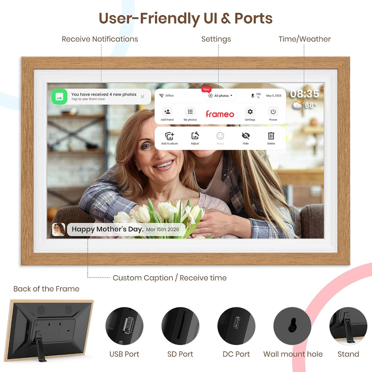 Frameo 15.6 Inch WiFi Digital Photo Frame with 64GB Memory, 1920x1080 FHD IPS Touchscreen Digital Picture Frame, Auto-Rotate, Instant Photo & Video Sharing via Frameo App