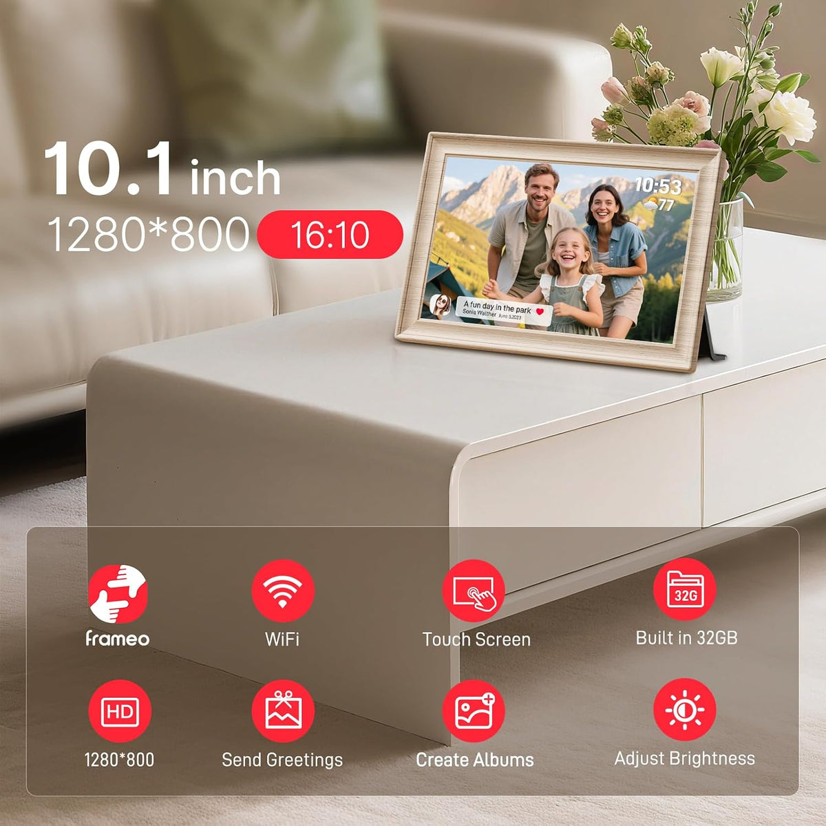 Frameo WLAN Digitaler Bilderrahmen 10,1 Zoll, HD 1280 * 800 IPS Touchscreen Elektronischer FotoRahmen mit 32GB Speicher, Auto Drehung, Einfache Weitergabe von Fotos Videos über Frameo App