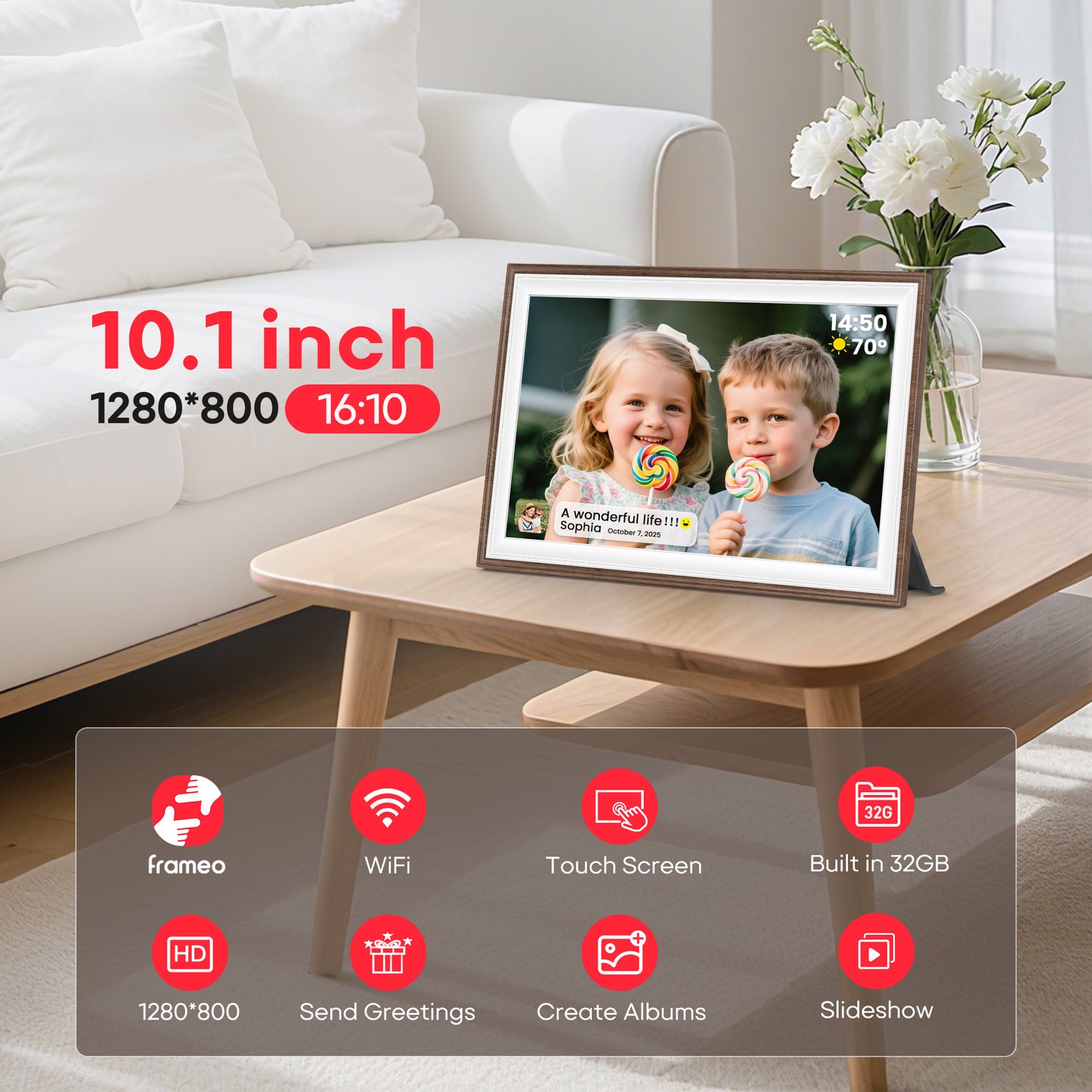 Frameo 10.1" Wood WiFi Digital Picture Frame with 32GB Memory, 1280 x 800 IPS HD Touch Screen Electronic Photo Frame, Auto-Rotate, Slideshow, Wall Mountable, Share Photos/Video Remotely Anywhere