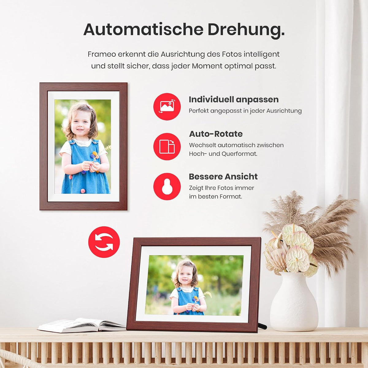 Frameo WLAN Digitaler Bilderrahmen 10,1 Zoll, HD 1280 * 800 IPS Touchscreen Elektronischer FotoRahmen mit 32GB Speicher, Auto Drehung, Einfache Weitergabe von Fotos Videos über Frameo App