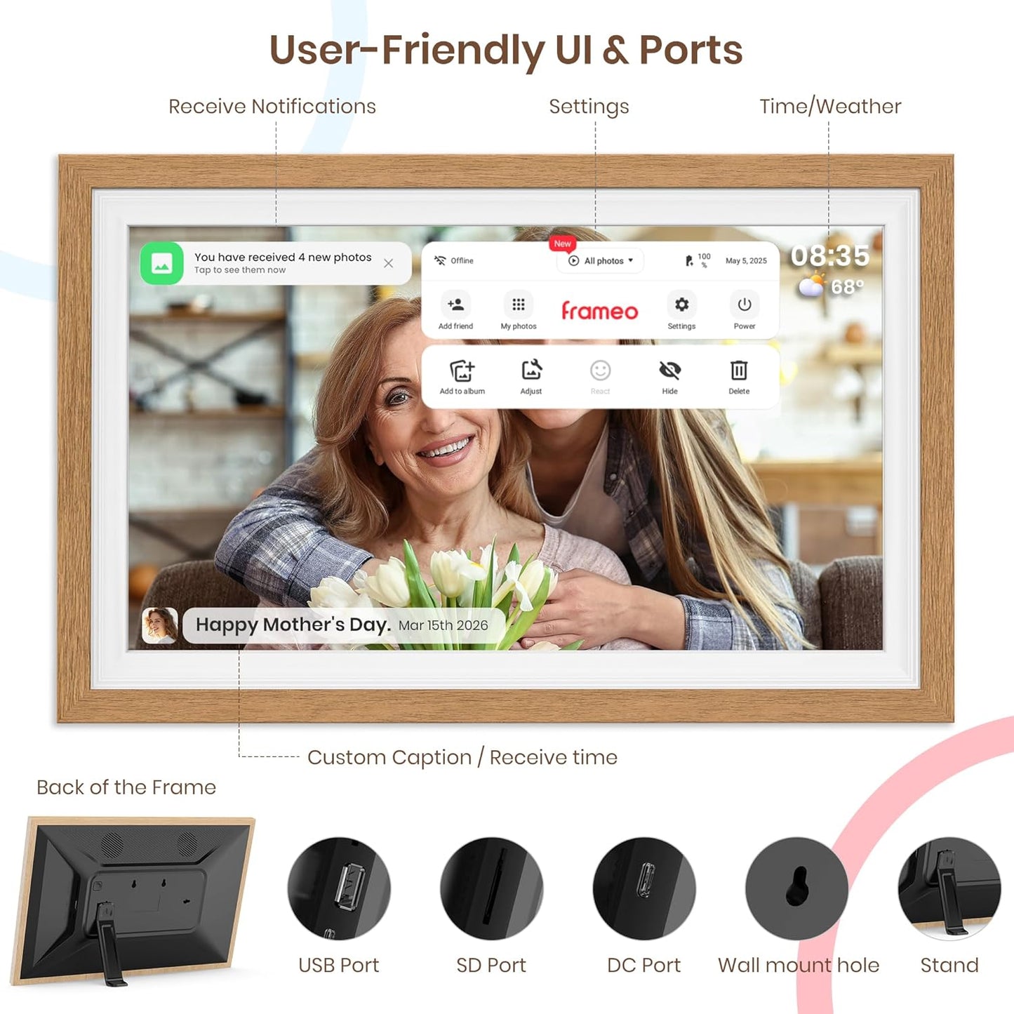 Frameo 15.6 Inch WiFi Digital Photo Frame with 64GB Memory, 1920x1080 FHD IPS Touchscreen Digital Picture Frame, Auto-Rotate, Instant Photo & Video Sharing via Frameo App