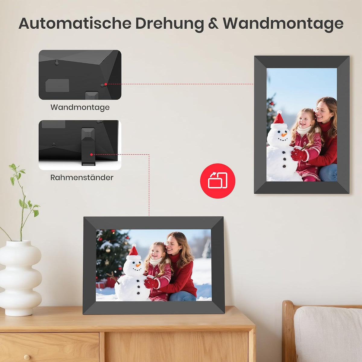 Frameo 10,1-Zoll-WLAN-Digitaler Bilderrahmen mit 32 GB Speicher, 1280 x 800 IPS-Touchscreen, Intelligenter Elektronischer Bilderrahmen, Wandmontierbar, Automatische Drehung, Fotos/Videos Über Frameo-A