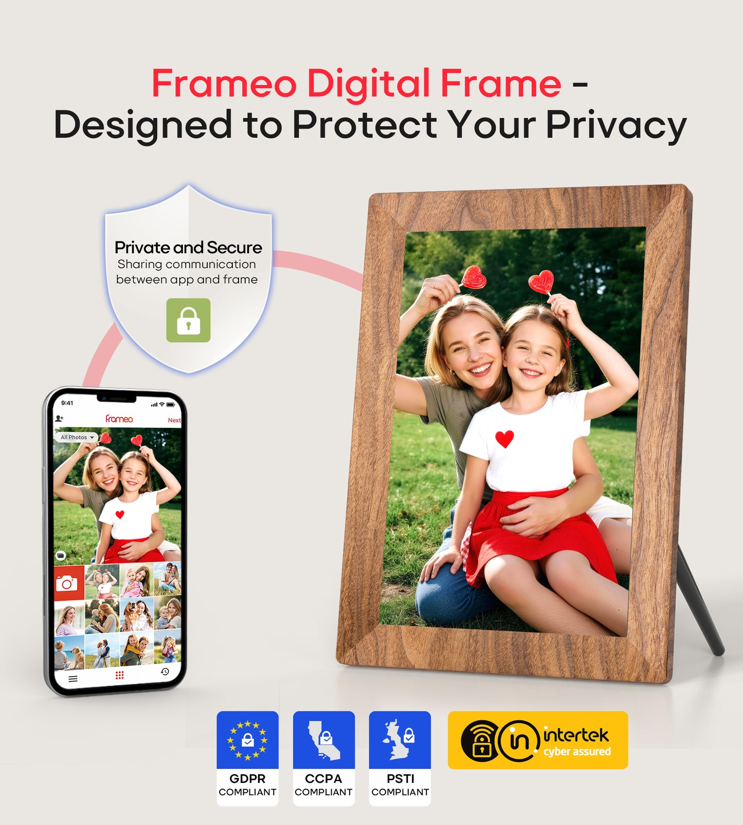 Frameo 10.1" Digital Picture Frame with 32GB Memory WiFi Electronic Photo Frame Wood 1280 x 800 IPS Touch Screen Auto-Rotate Slideshow Wall Mountable Share Photos/Video Remotely Anywhere