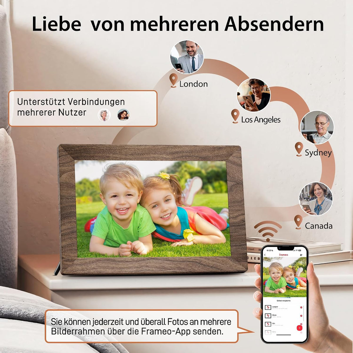 Frameo WLAN Digitaler Bilderrahmen 10,1 Zoll, HD 1280 * 800 IPS Touchscreen Elektronischer FotoRahmen mit 32GB Speicher, Auto Drehung, Einfache Weitergabe von Fotos Videos über Frameo App