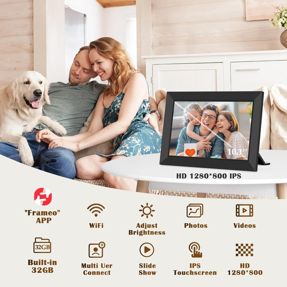 Frameo WLAN Digitaler Bilderrahmen 10,1 Zoll, HD 1280 * 800 IPS Touchscreen Elektronischer FotoRahmen mit 32GB Speicher, Auto Drehung, Einfache Weitergabe von Fotos Videos über Frameo Ap