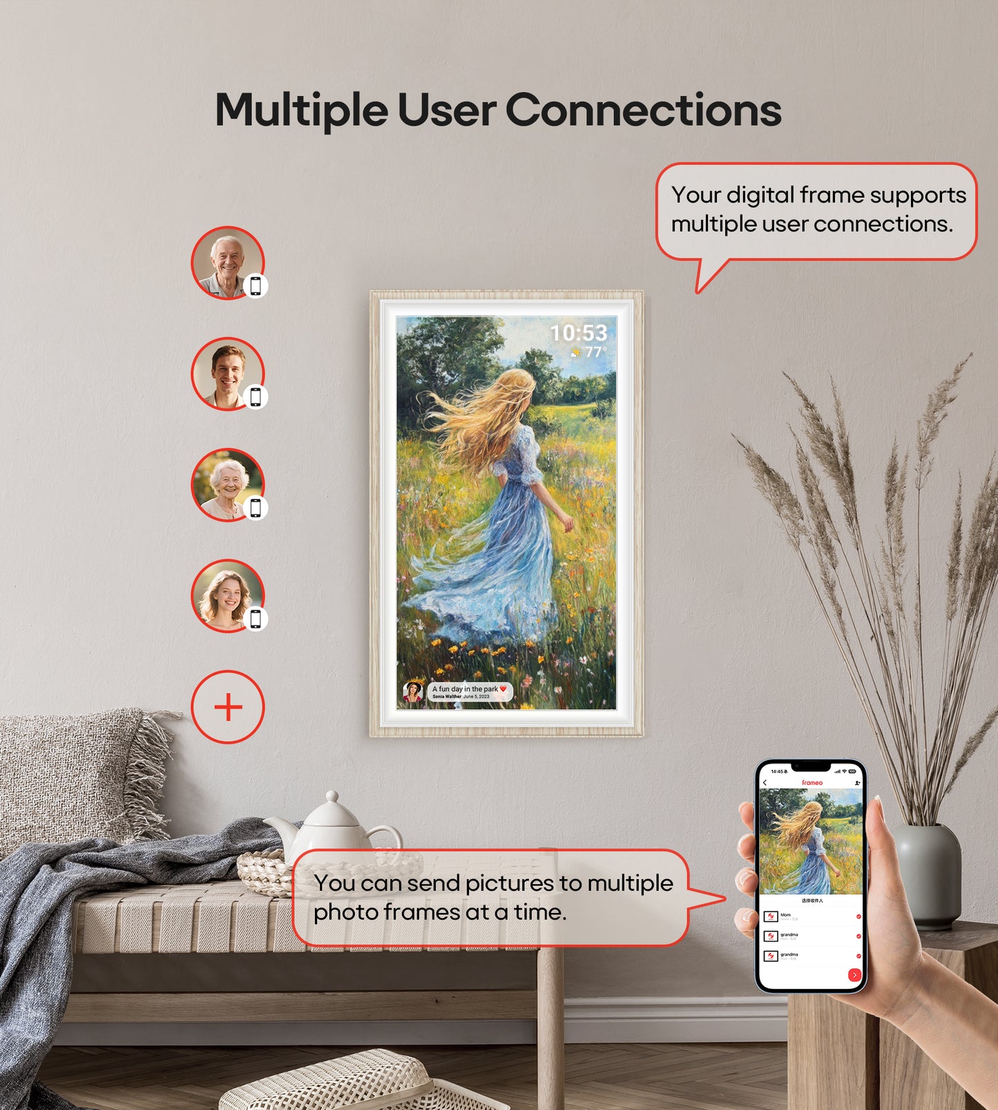 64GB Frameo 15.6" Digital Picture Frame Large 1920 x 1080 IPS FHD Touch Screen WiFi Electronic Photo Frames Share Moments Instantly Anywhere Best Gifts for Parents and Grandparents White Wood