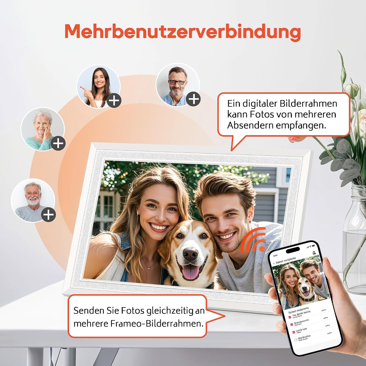 Frameo WLAN Digitaler Bilderrahmen 10,1 Zoll, HD 1280 * 800 IPS Touchscreen Elektronischer FotoRahmen mit 32GB Speicher, Auto Drehung, Einfache Weitergabe von Fotos Videos über Frameo App
