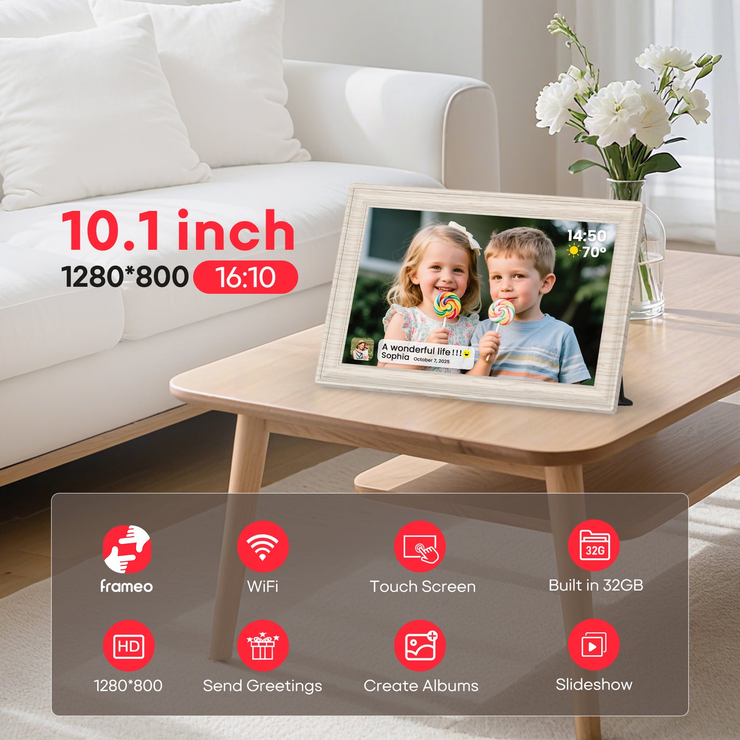 Frameo 10.1" WiFi Digital Picture Frame with 32GB Memory, 1280 x 800 IPS HD Touch Screen Electronic Photo Frame, Auto-Rotate, Slideshow, Share Photos/Video Remotely Anywhere White Wood Grain