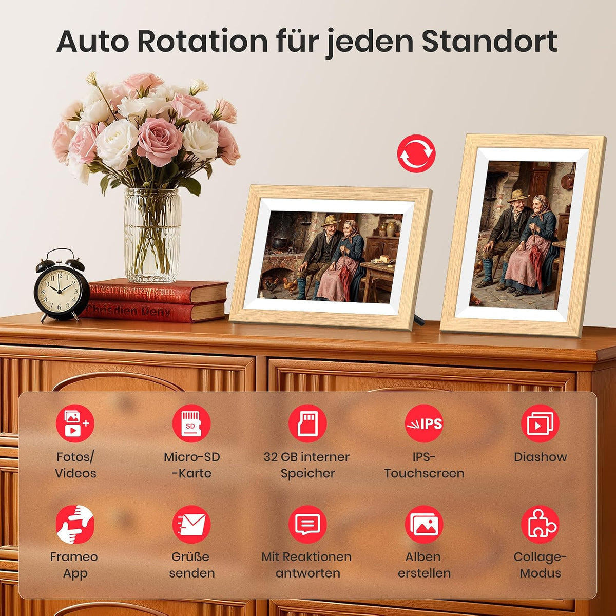 Frameo WLAN Digitaler Bilderrahmen 10,1 Zoll, HD 1280 * 800 IPS Touchscreen Elektronischer FotoRahmen mit 32GB Speicher, Auto Drehung, Einfache Weitergabe von Fotos Videos über Frameo App
