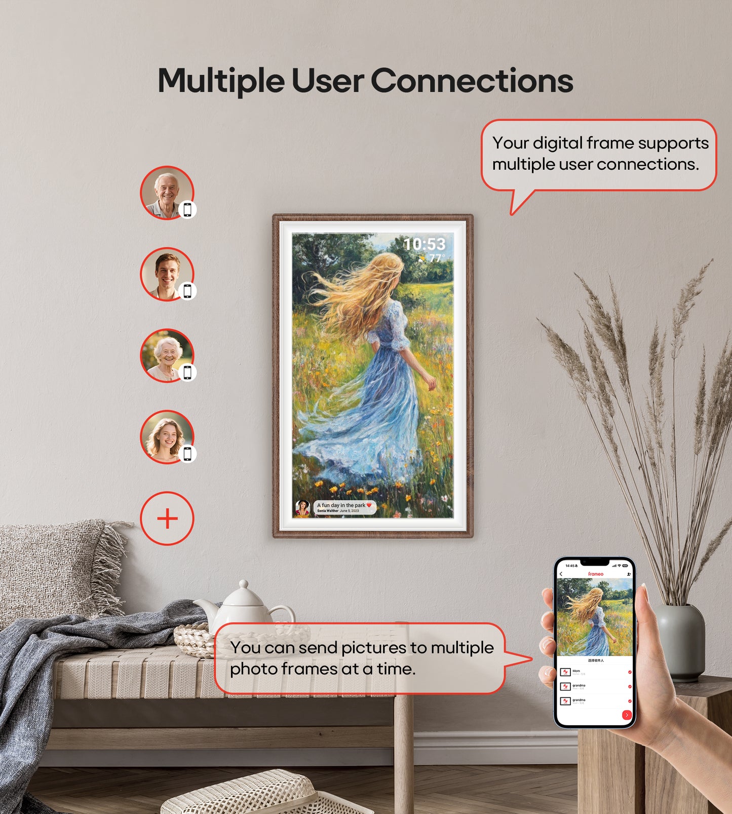 64GB Frameo 15.6" Digital Picture Frame Large 1920 x 1080 IPS FHD Touch Screen WiFi Electronic Photo Frames Share Moments Instantly Anywhere Best Gifts for Parents and Grandparents Brown Wood White