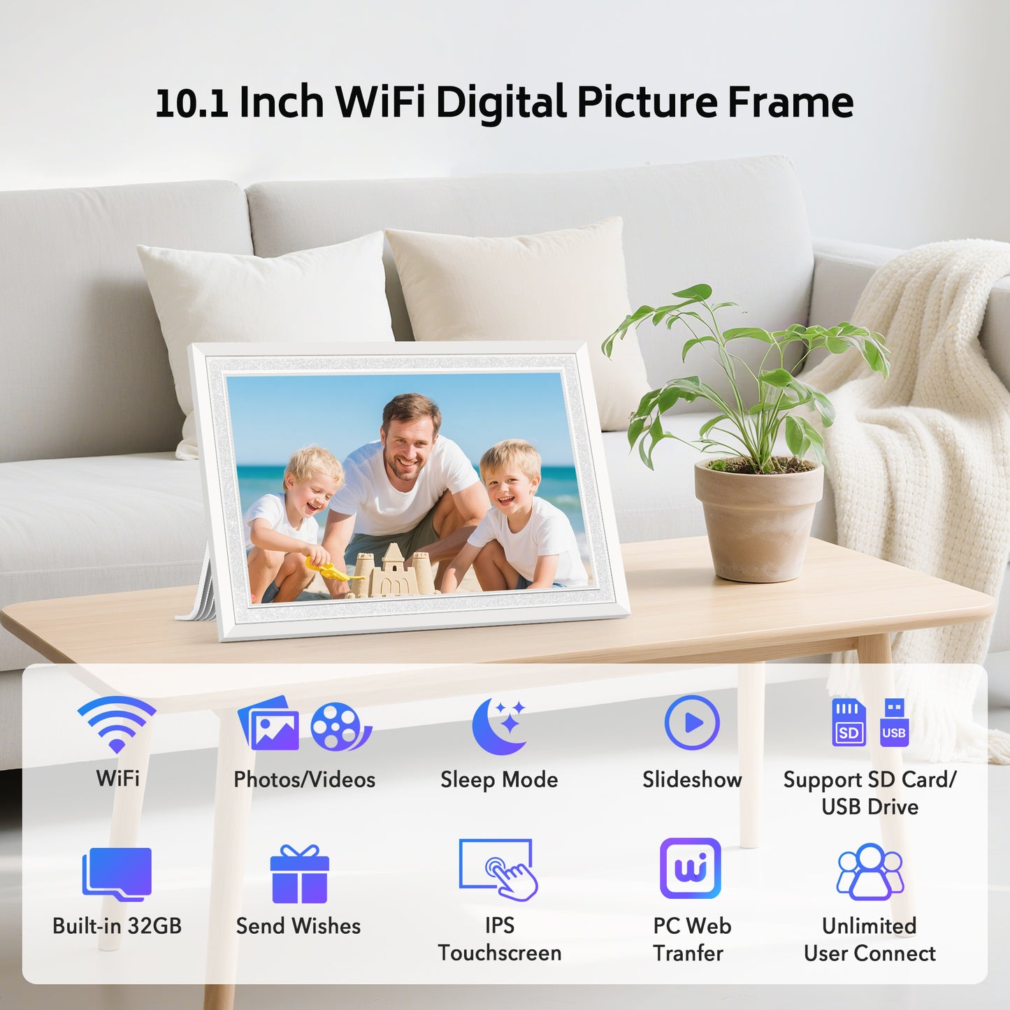 Uhale 10.1 Inch Digital Picture Frame 32GB Momery White WiFi Electronic Photo Frame IPS HD Touch Screen Display Share Photos/Videos Instantly Anywhere Gifts for Mom Dad Grandparents