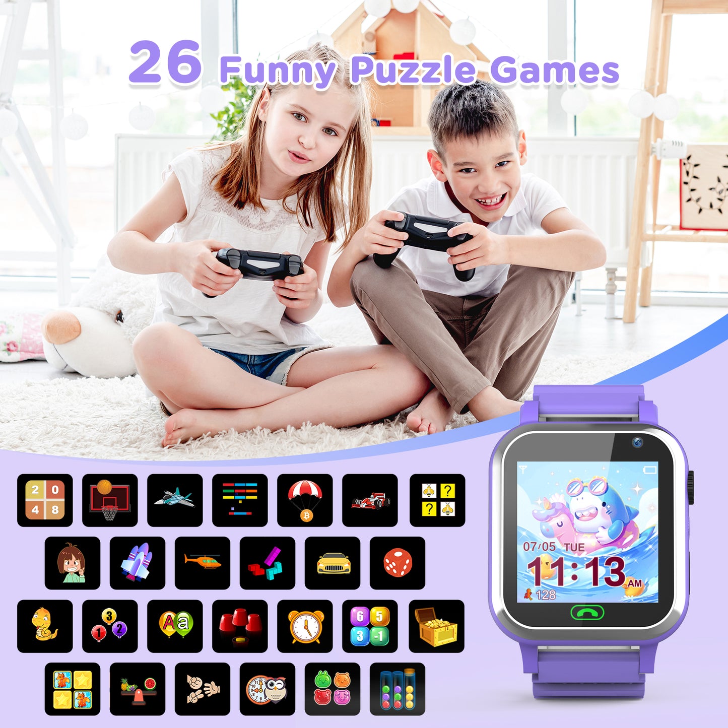 Smart Watch for Kids, Mollan Smartwatch for Boys Girls with 26 Puzzle Games Camera Music Player Alarm Clock, Touch Screen Sports Wrist Watch for Birthday Christmas Gift Age 4-12 Kid