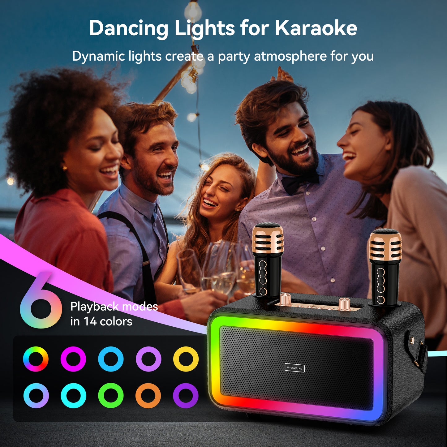 BIGASUO Bluetooth Karaoke Machine with 2 UHF Microphone, Portable Karaoke Speaker with Reverb Adjustment and Party LED Lights,PA System Speaker Supports TF Card/AUX in/USB for Party/Wedding,Out/Indoor