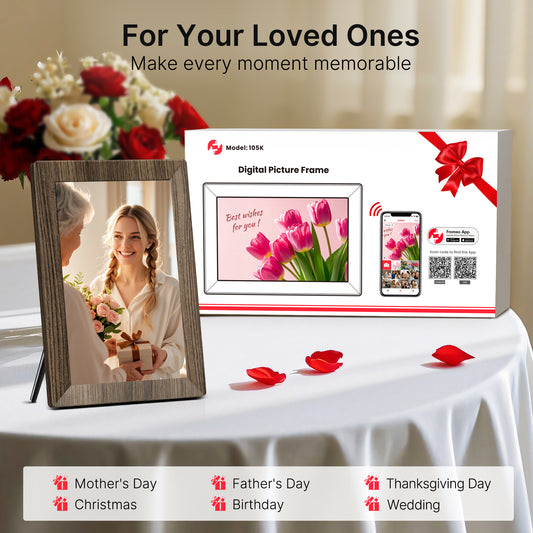 TEMASH frameo 10.1" Wood Grain WiFi Digital Photo Frame – 32GB Storage, IPS Touchscreen, Auto-Rotate, Wall Mount, Instant Sharing via frameo App