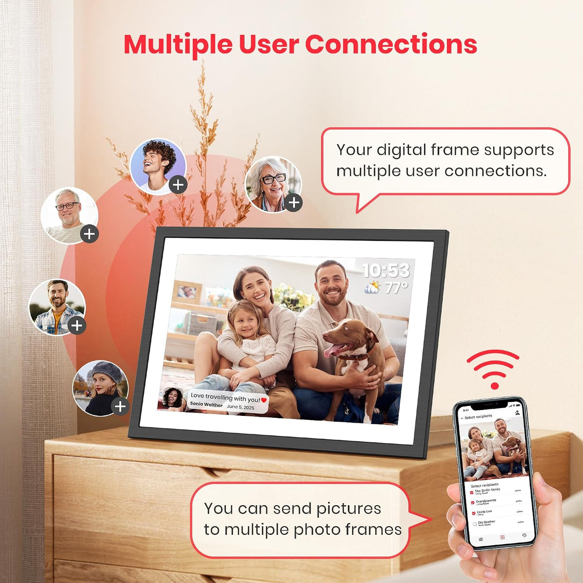 Frameo WLAN Digitaler Bilderrahmen 10,1 Zoll, 1920 * 1200P 2K Touchscreen 64GB Speicher Elektronischer FotoRahmen, Auto Drehung, Einfache Weitergabe von Fotos Videos über Frameo App