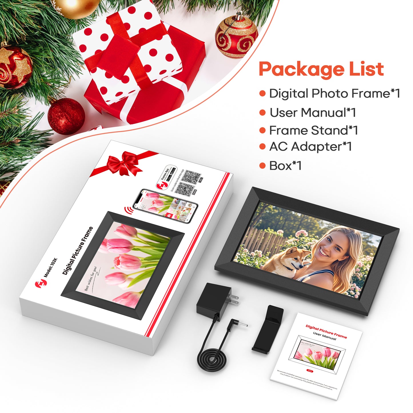 Frameo 10.1 Inch WiFi Digital Picture Frame with 32GB Memory, 1280 x 800 IPS Touch Screen Smart Electronic Photo Frame, Wall Mountable, Auto-Rotate, Share Photos/Videos Via Frameo App from Anywhere