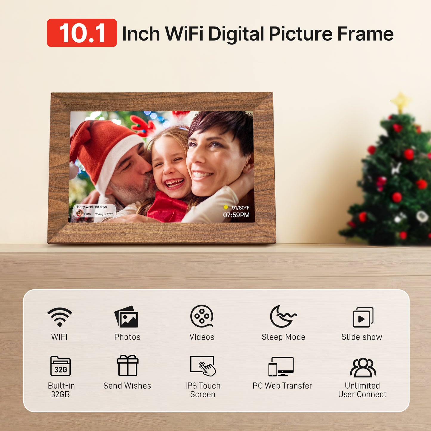 Uhale Digital Picture Frame 32GB Storage 10.1 Inch Wood WiFi Electronic Photo Frames SD Card Slot IPS Touch Screen HD Display Auto Rotate Slideshow Share Videos Photos Instantly Send Wishes Remotely