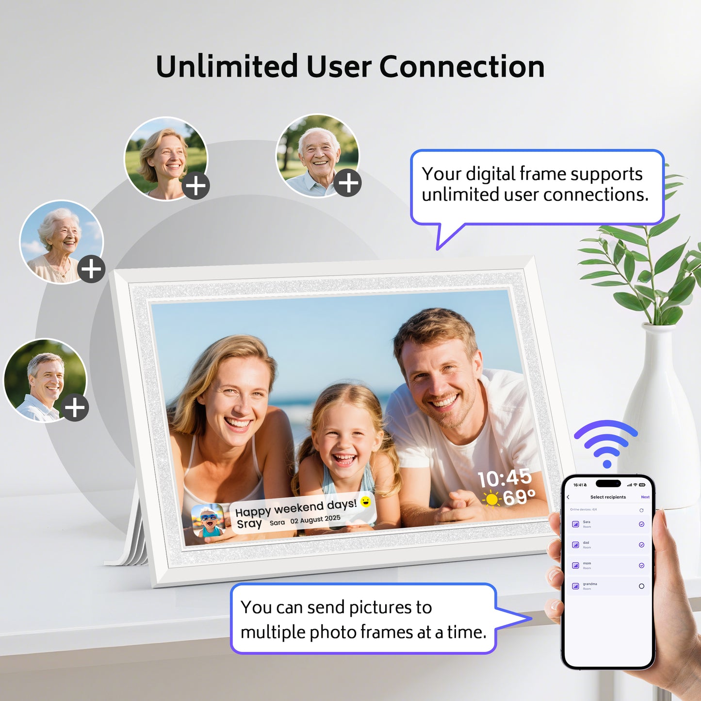 Uhale 10.1 Inch Digital Picture Frame 32GB Momery White WiFi Electronic Photo Frame IPS HD Touch Screen Display Share Photos/Videos Instantly Anywhere Gifts for Mom Dad Grandparents