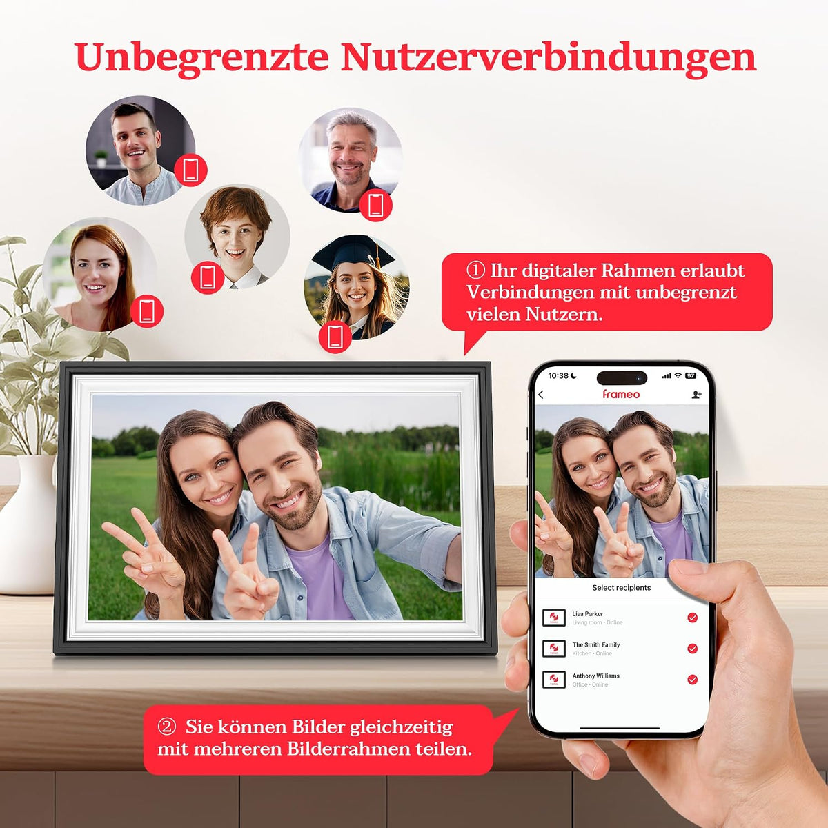 Frameo WLAN Digitaler Bilderrahmen 10,1 Zoll, HD 1280 * 800 IPS Touchscreen Elektronischer FotoRahmen mit 32GB Speiche