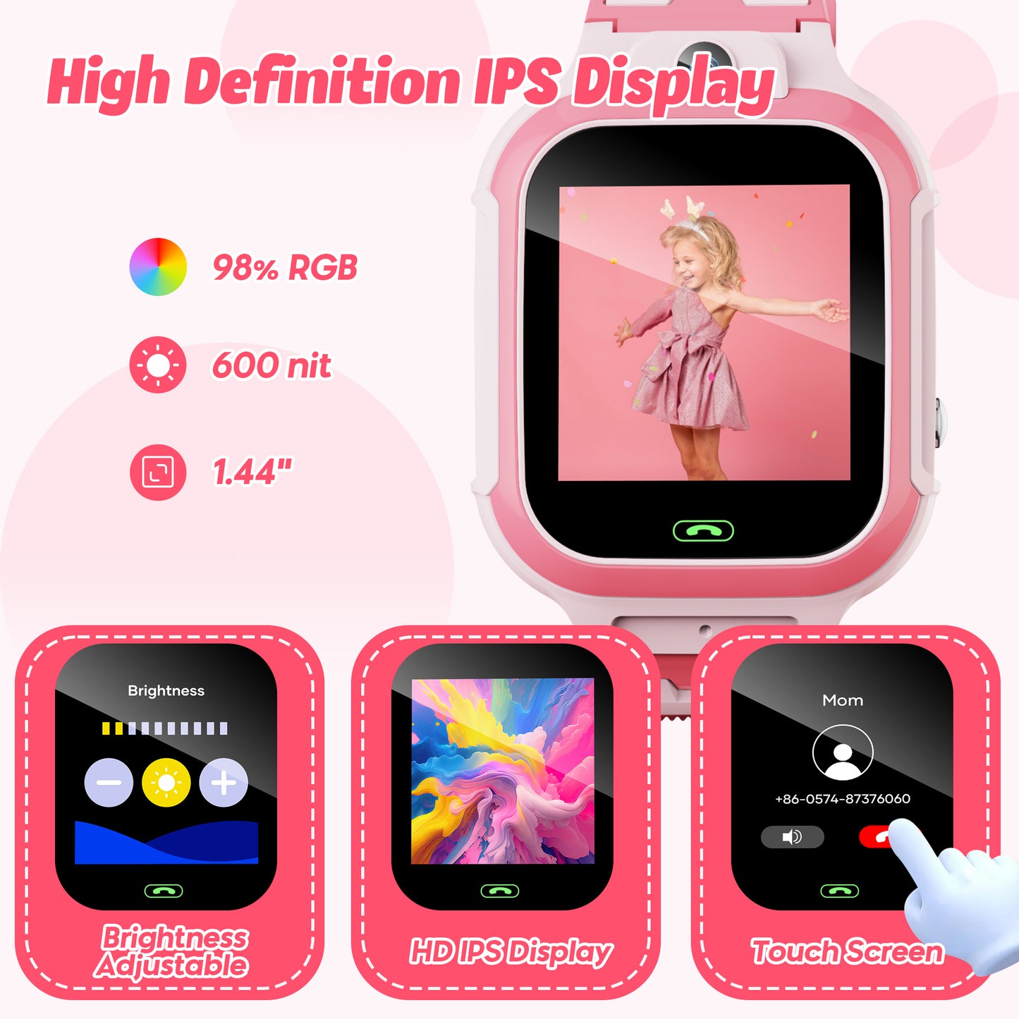 4G Smart Watch for Kids, GPS Tracker Smartwatch with Real Time Location Two Way Video Call Voice Chat, HD Touch Screen Camera SOS Alarm Clock Pedometer wrist Watch for Girls Gift（Pink）