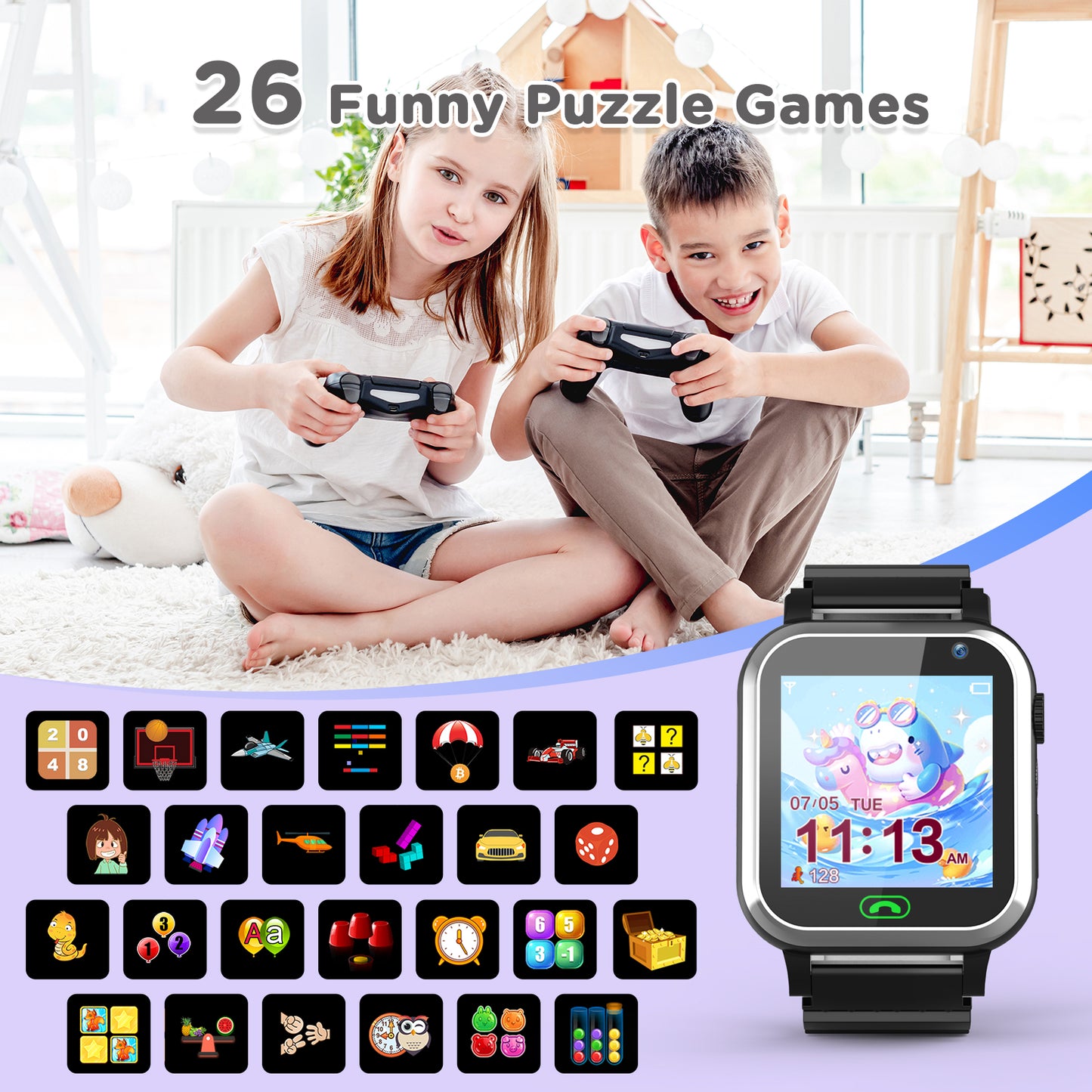 Smart Watch for Kids, Mollan SmartWatch for Boys Girls with 26 Puzzle Games Camera Music Player Alarm Clock, Touch Screen Sports Wrist Watch for Birthday Christmas Gift Age 4-12 kid