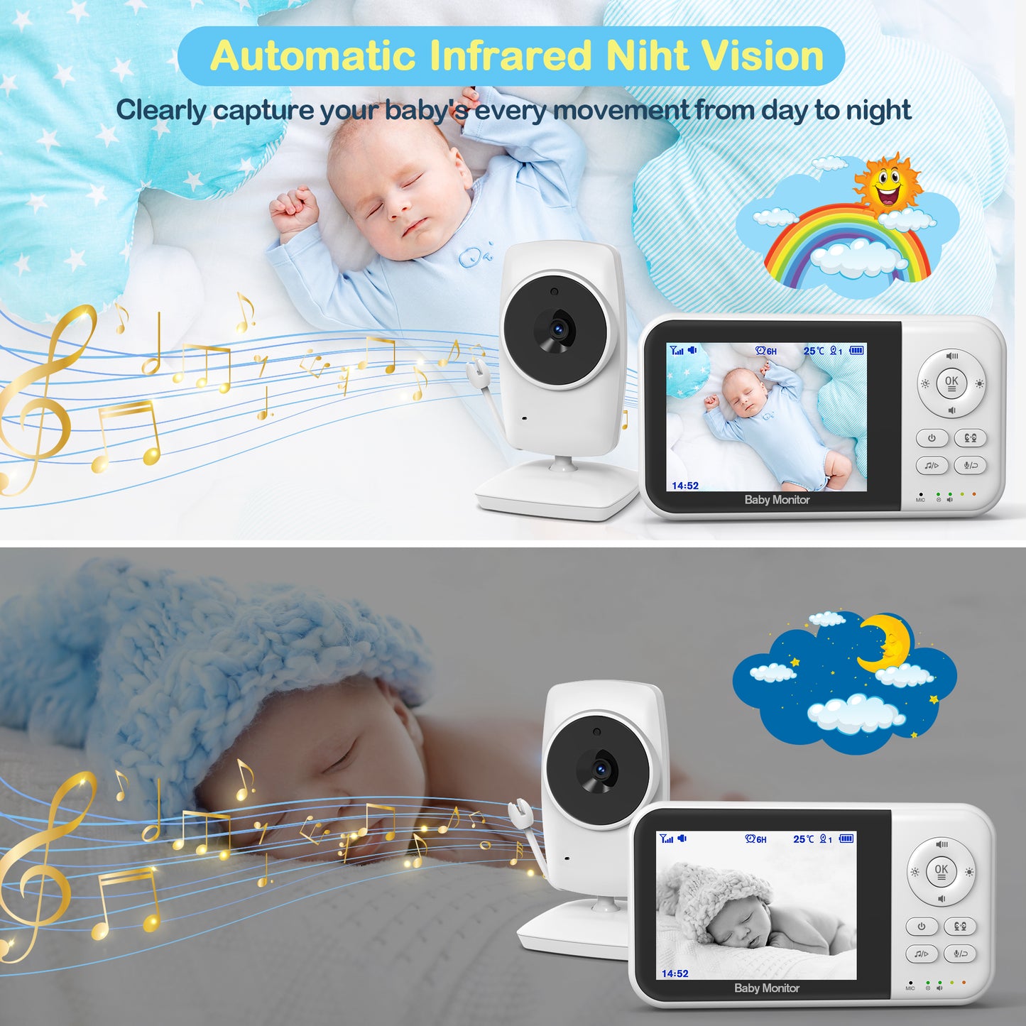 Baby Monitor with Camera and Audio, Video Baby Surveillance System with 3.2” HD Screen, Night Vision, 2 Way Talk, Temperature Sensor, Portable Indoor Home Security Camera with Monitor
