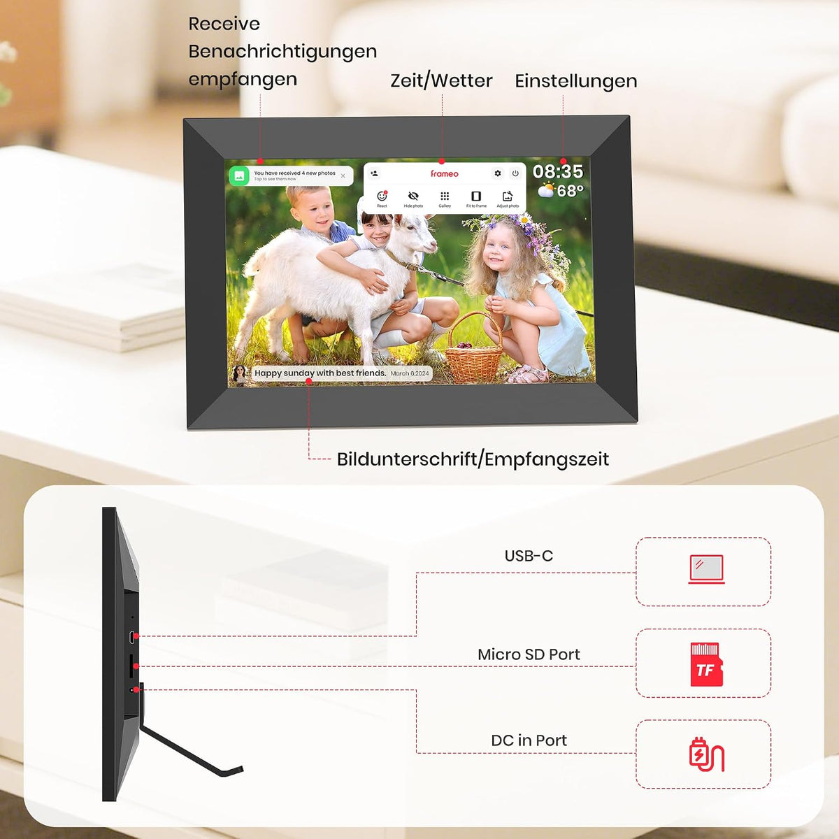 Frameo 10,1-Zoll-WLAN-Digitaler Bilderrahmen mit 32 GB Speicher, 1280 x 800 IPS-Touchscreen, Intelligenter Elektronischer Bilderrahmen, Wandmontierbar, Automatische Drehung, Fotos/Videos Über Frameo-A