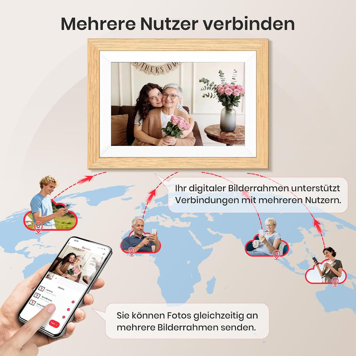 Frameo WLAN Digitaler Bilderrahmen 10,1 Zoll, HD 1280 * 800 IPS Touchscreen Elektronischer FotoRahmen mit 32GB Speicher, Auto Drehung, Einfache Weitergabe von Fotos Videos über Frameo App