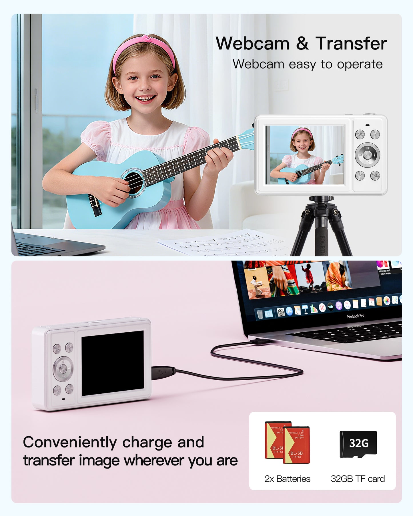 Digital Camera, FHD 1080P Point and Shoot Camera with 32GB SD Card, 2 Batteries, 16X Zoom, Anti Shake, Compact Small Design for Kids Teens Students Girls Boys (White)