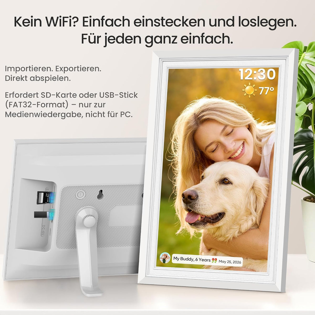Frameo WLAN Digitaler Bilderrahmen 10,1 Zoll, HD 1280 * 800 IPS Touchscreen Elektronischer FotoRahmen mit 32GB Speicher, Auto Drehung, Einfache Weitergabe von Fotos Videos über Frameo App