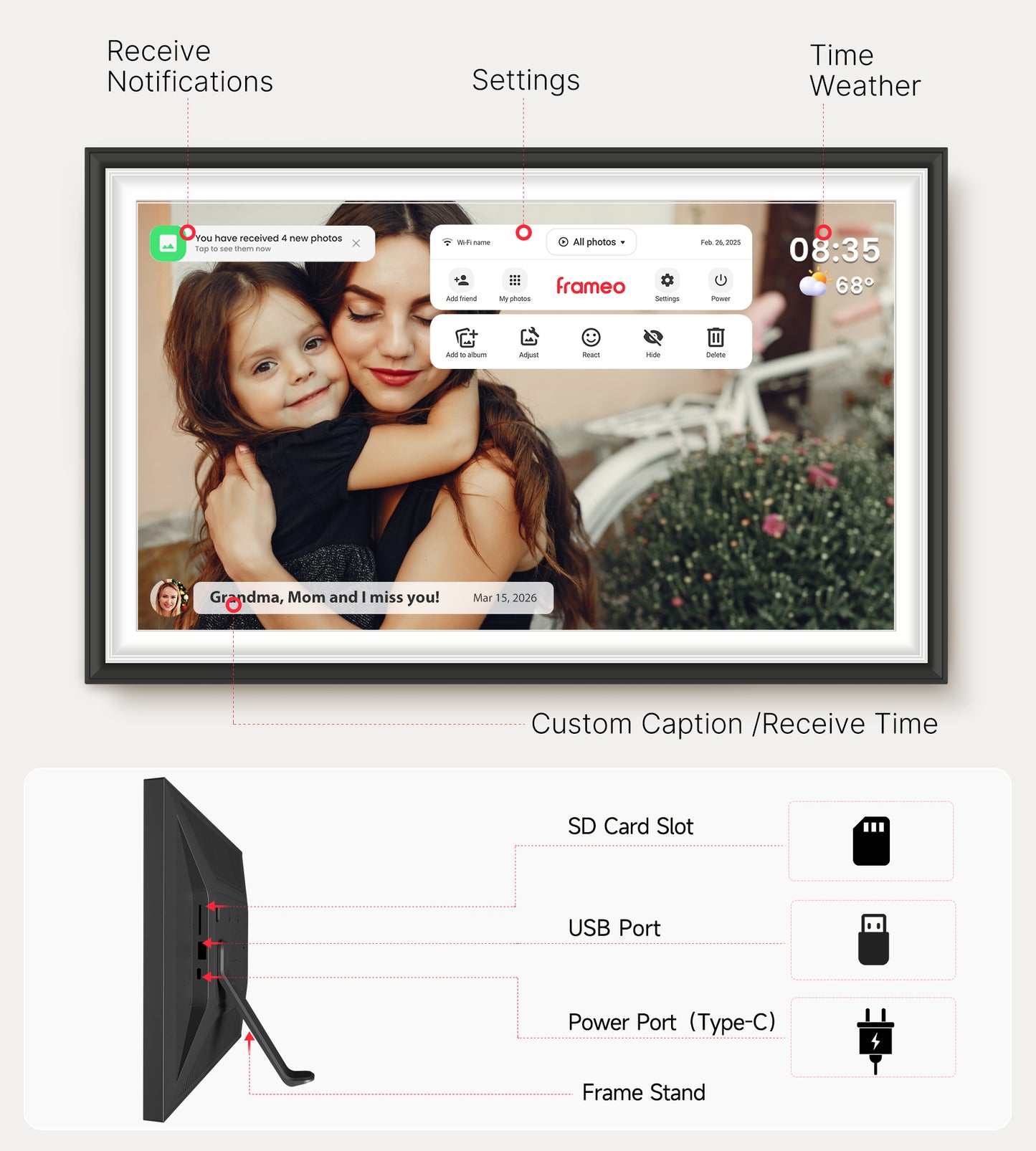 BIGASUO Digital Picture Frame Frameo 15.6" WiFi Electronic Photo Frames Large with 64GB Memory 1920x1080 IPS FHD Touch Screen Share Moments Instantly Anywhere Photo Gifts for Parents and Grandparents