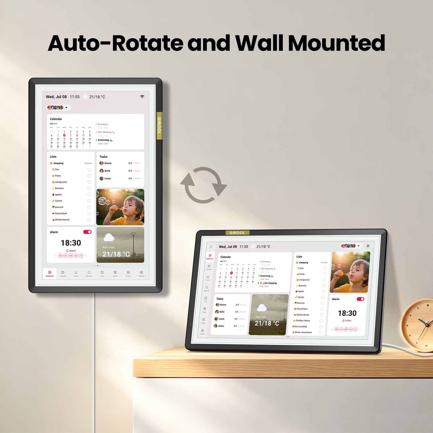 GIROOL 15.6" Digital Calendar-1920x1080 Full HD Touchscreen Family Planner & Calendar with Chore Chart & Meal Planner, Wall-Mountable (Black White)