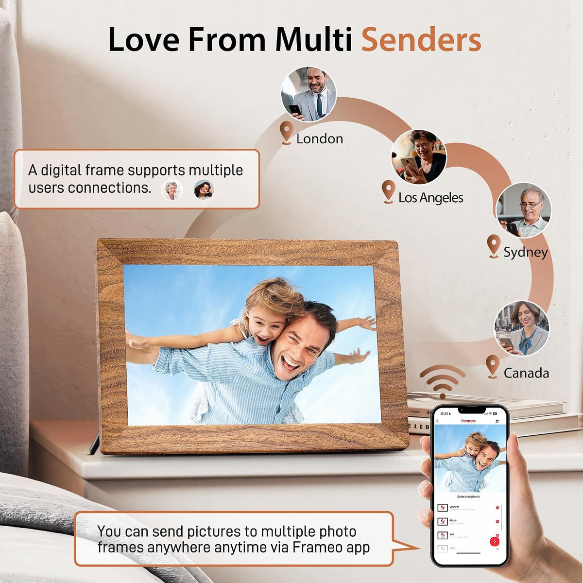 Frameo WLAN Digitaler Bilderrahmen 10,1 Zoll, HD 1280 * 800 IPS Touchscreen Elektronischer FotoRahmen mit 32GB Speicher, Auto Drehung, Einfache Weitergabe von Fotos Videos über Frameo App