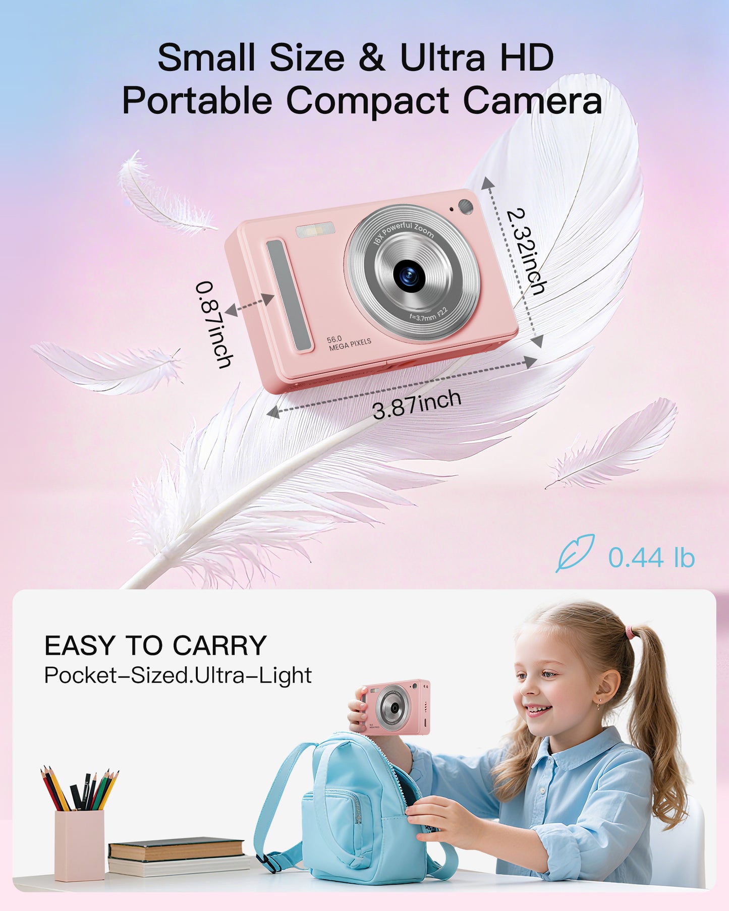 Digital Camera, FHD 1080P Point and Shoot Camera with 32GB SD Card, 2 Batteries, 16X Zoom, Anti Shake, Compact Small Design for Kids Teens Students Girls Boys (Pink)