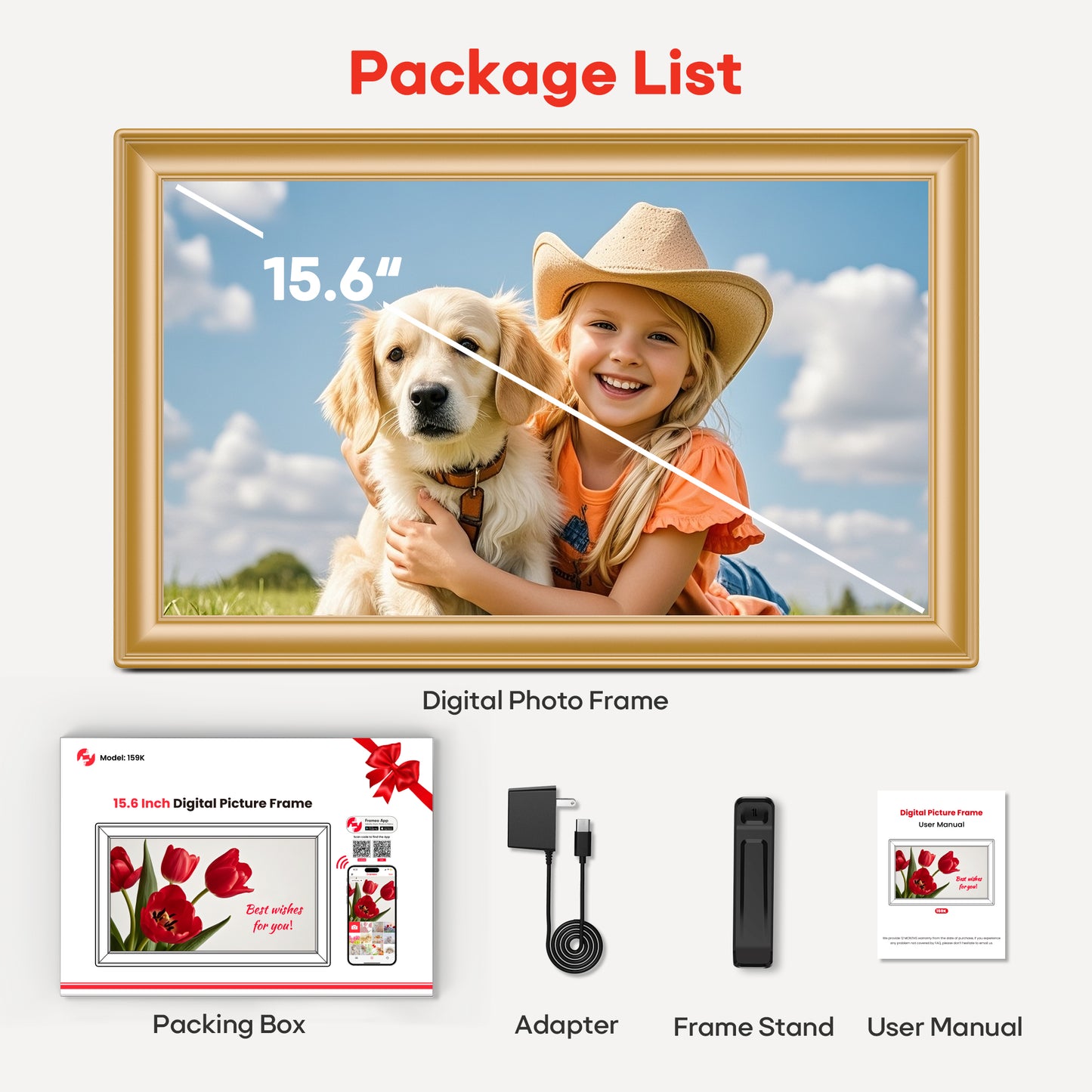64GB 15.6" Frameo Digital Picture Frame WiFi, Large Electronic Photo Frames Golden 1920 x 1080 IPS FHD Touch Screen, Send Photos from Your Phone from Anywhere, Best Gifts for Family and Friends