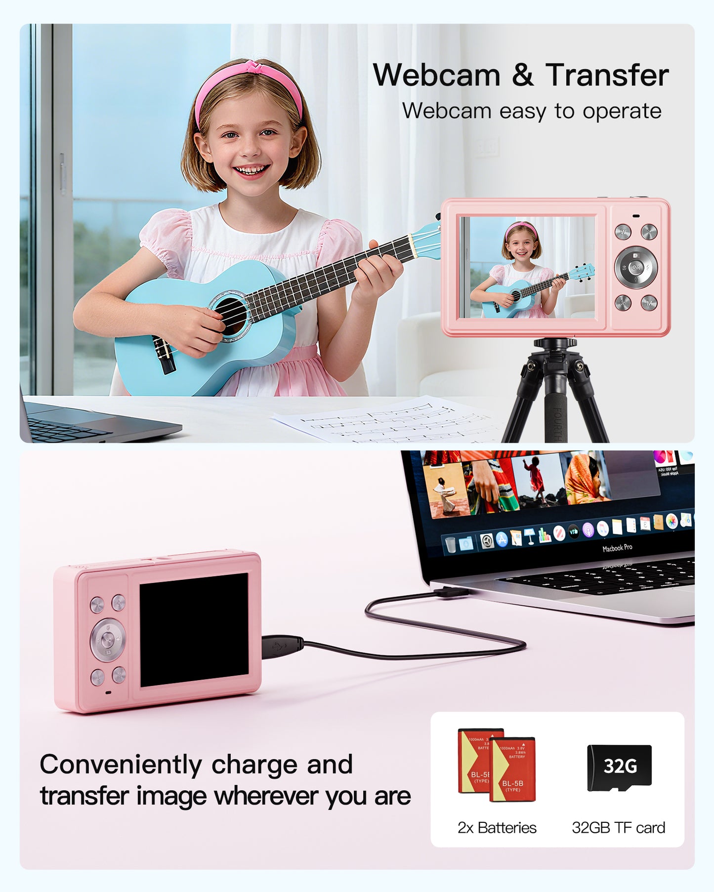 Digital Camera, FHD 1080P Point and Shoot Camera with 32GB SD Card, 2 Batteries, 16X Zoom, Anti Shake, Compact Small Design for Kids Teens Students Girls Boys (Pink)