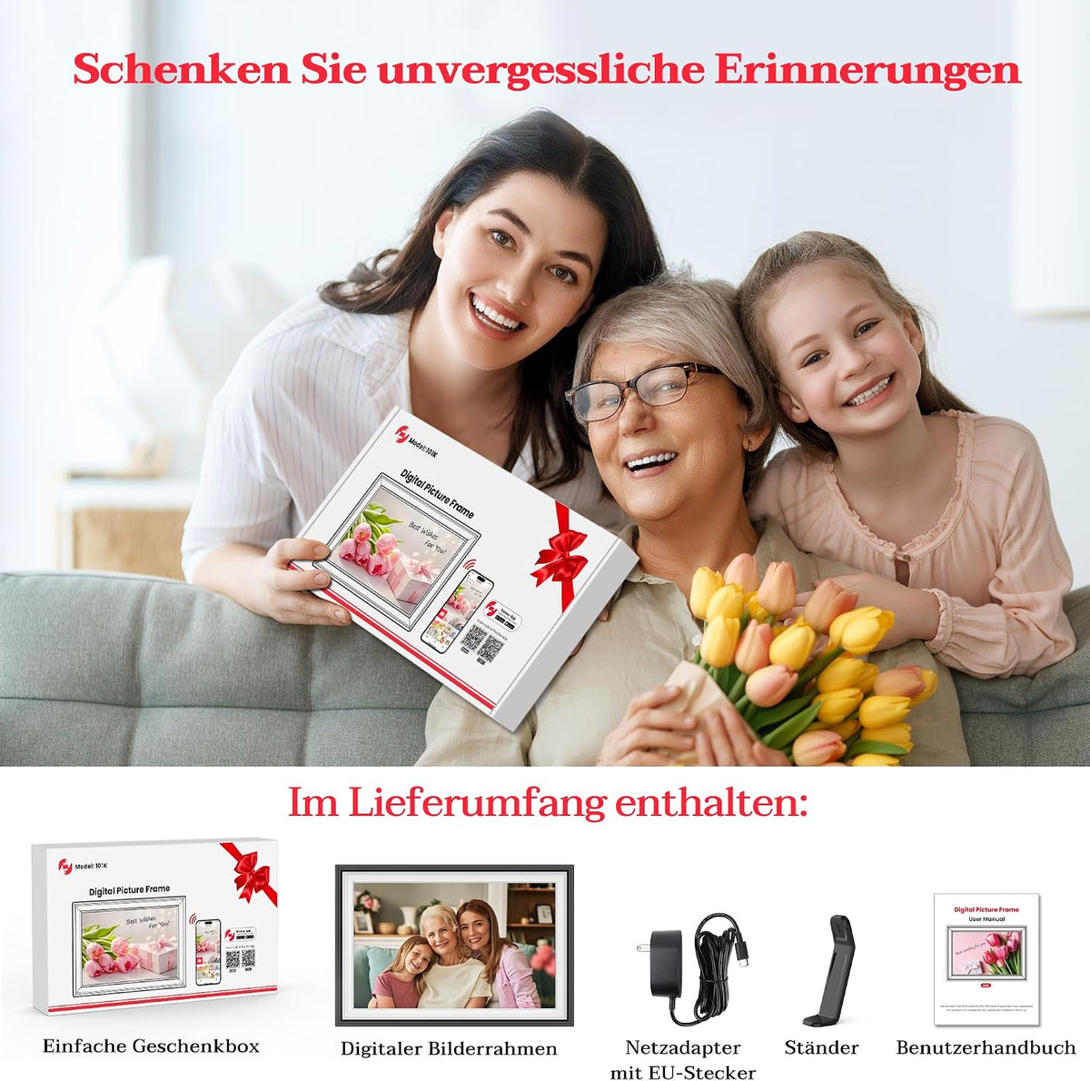 Frameo WLAN Digitaler Bilderrahmen 10,1 Zoll, HD 1280 * 800 IPS Touchscreen Elektronischer FotoRahmen mit 32GB Speiche