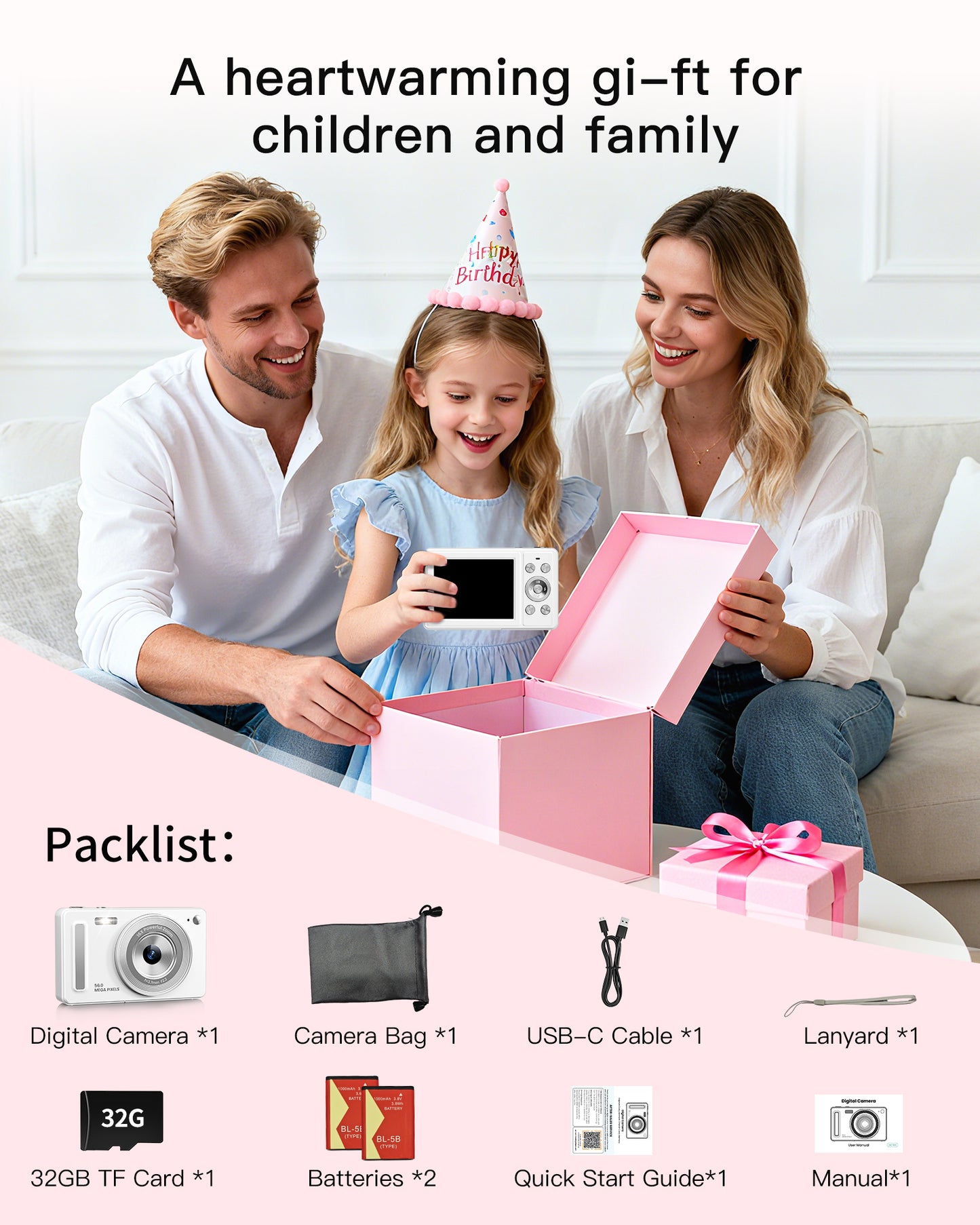 Digital Camera, FHD 1080P Point and Shoot Camera with 32GB SD Card, 2 Batteries, 16X Zoom, Anti Shake, Compact Small Design for Kids Teens Students Girls Boys (White)