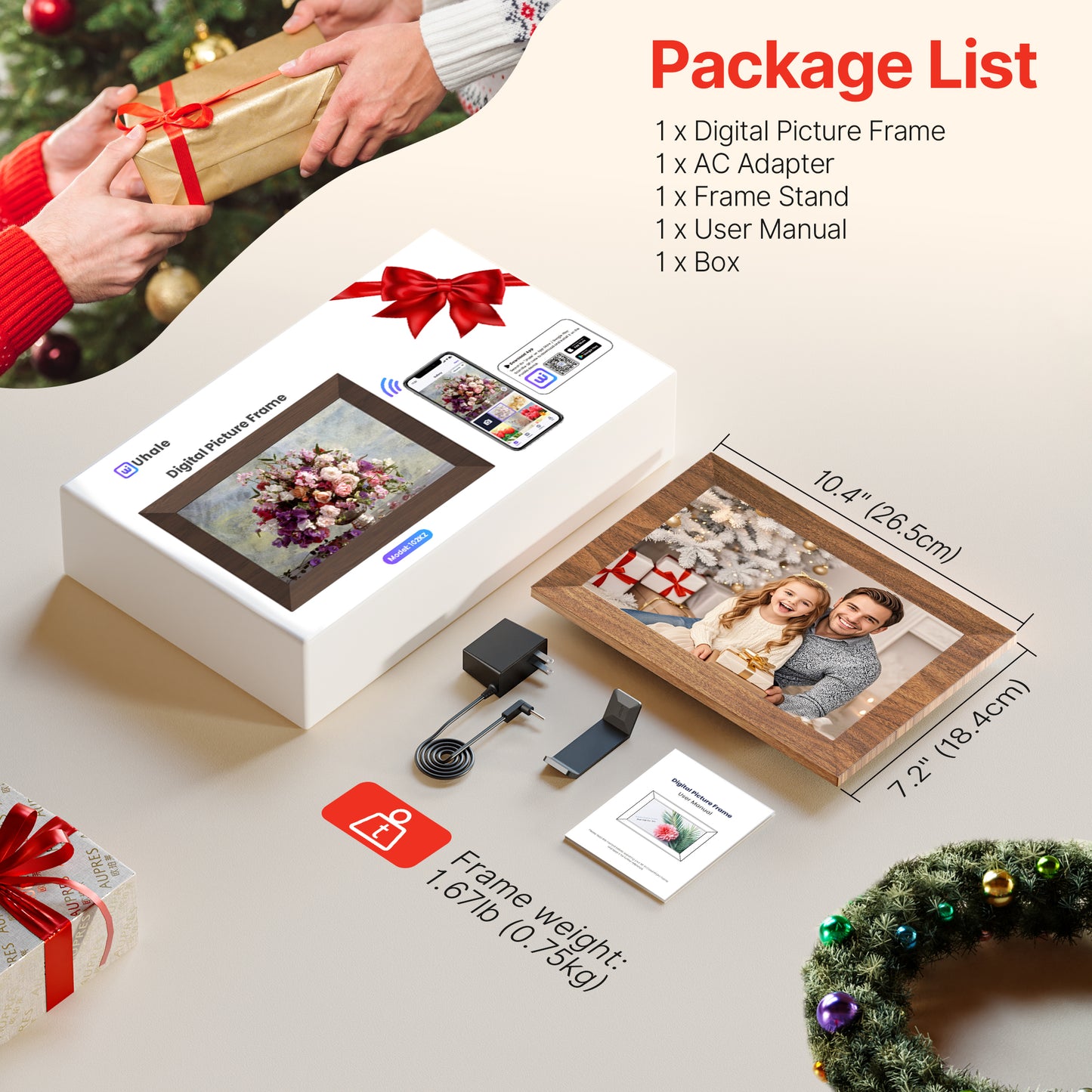 Uhale Digital Picture Frame 32GB Storage 10.1 Inch Wood WiFi Electronic Photo Frames SD Card Slot IPS Touch Screen HD Display Auto Rotate Slideshow Share Videos Photos Instantly Send Wishes Remotely