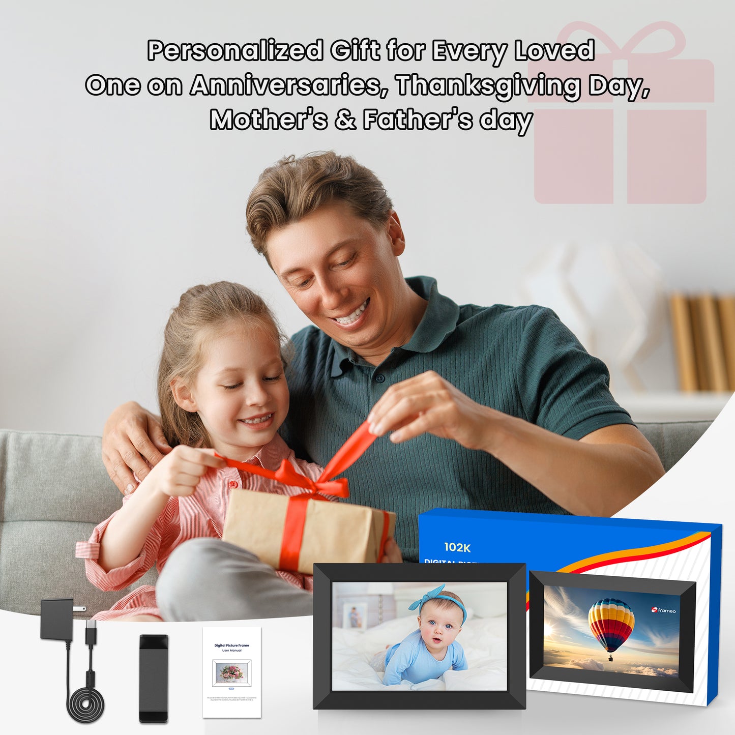 RICILAR Frameo 10.1 inch WiFi Digital Picture Frame, Electronic Picture Frame with IPS Touch Screen, 32GB Storage, Auto-Rotate, Wall Mountable, Ideal Gift Selection!