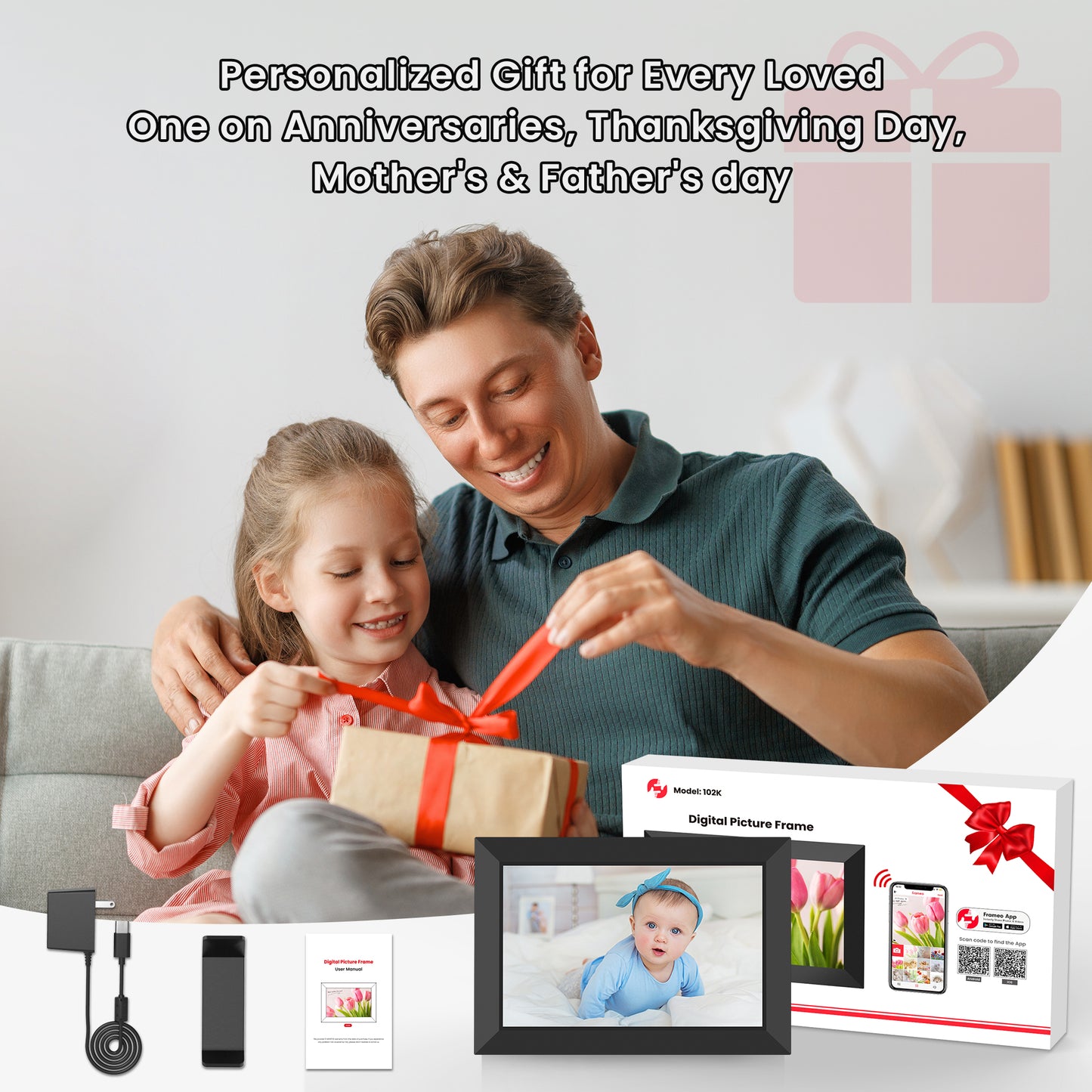 RICILAR Frameo 10.1 inch WiFi Digital Picture Frame, Electronic Picture Frame with IPS Touch Screen, 32GB Storage, Auto-Rotate, Wall Mountable, Ideal Gift Selection!