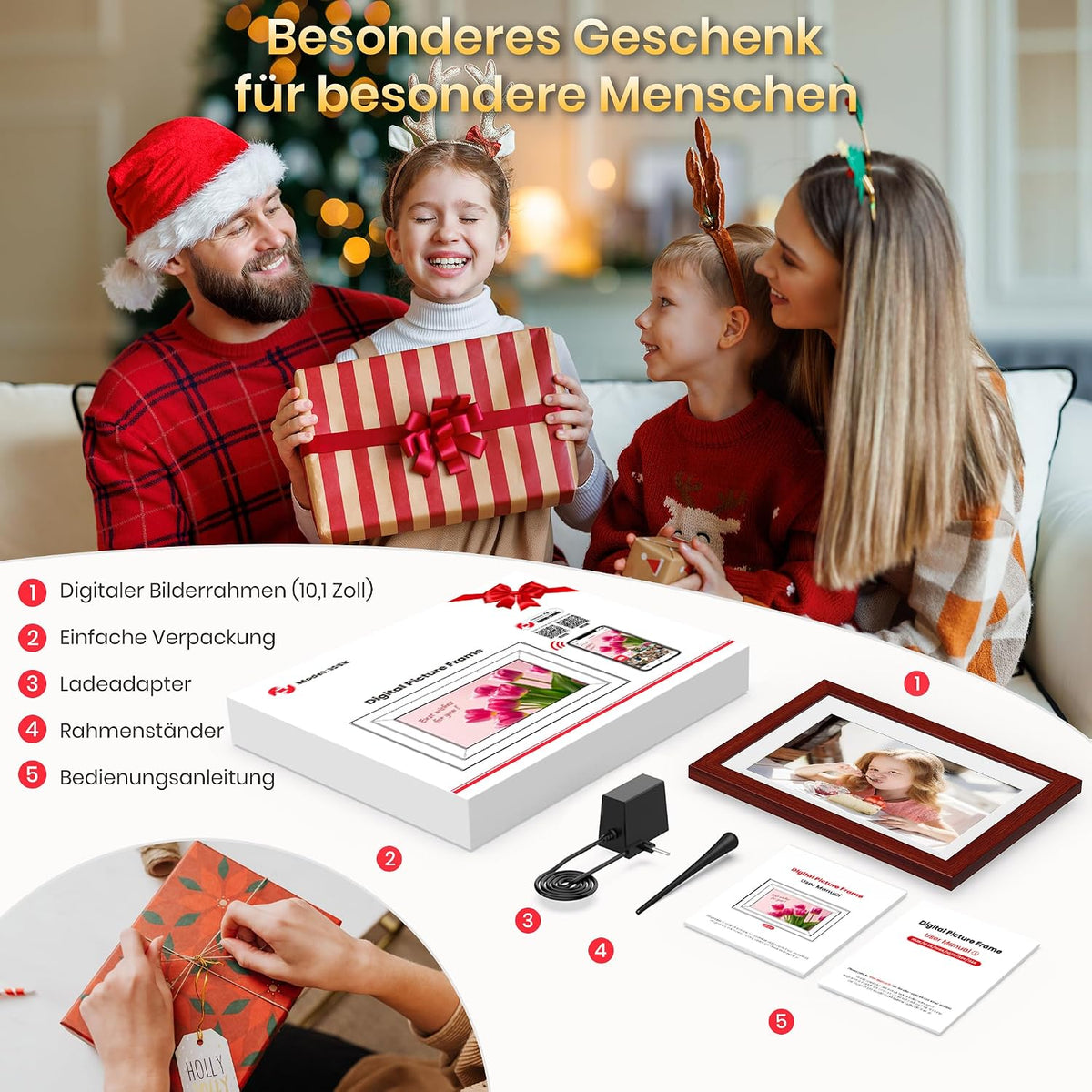 Frameo WLAN Digitaler Bilderrahmen 10,1 Zoll, HD 1280 * 800 IPS Touchscreen Elektronischer FotoRahmen mit 32GB Speicher, Auto Drehung, Einfache Weitergabe von Fotos Videos über Frameo App