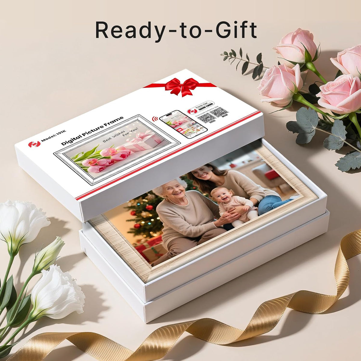 Frameo WLAN Digitaler Bilderrahmen 10,1 Zoll, HD 1280 * 800 IPS Touchscreen Elektronischer FotoRahmen mit 32GB Speicher, Auto Drehung, Einfache Weitergabe von Fotos Videos über Frameo App