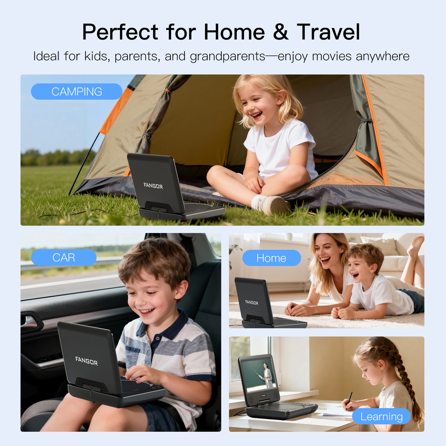 FANGOR 9.5" Portable DVD Player for Car with 7" Swivel Screen, 4 Hours Rechargeable Battery, Dual Speakers, Remote Control, Support CD/USB/SD Card/Sync TV, Perfect Gift for Kids