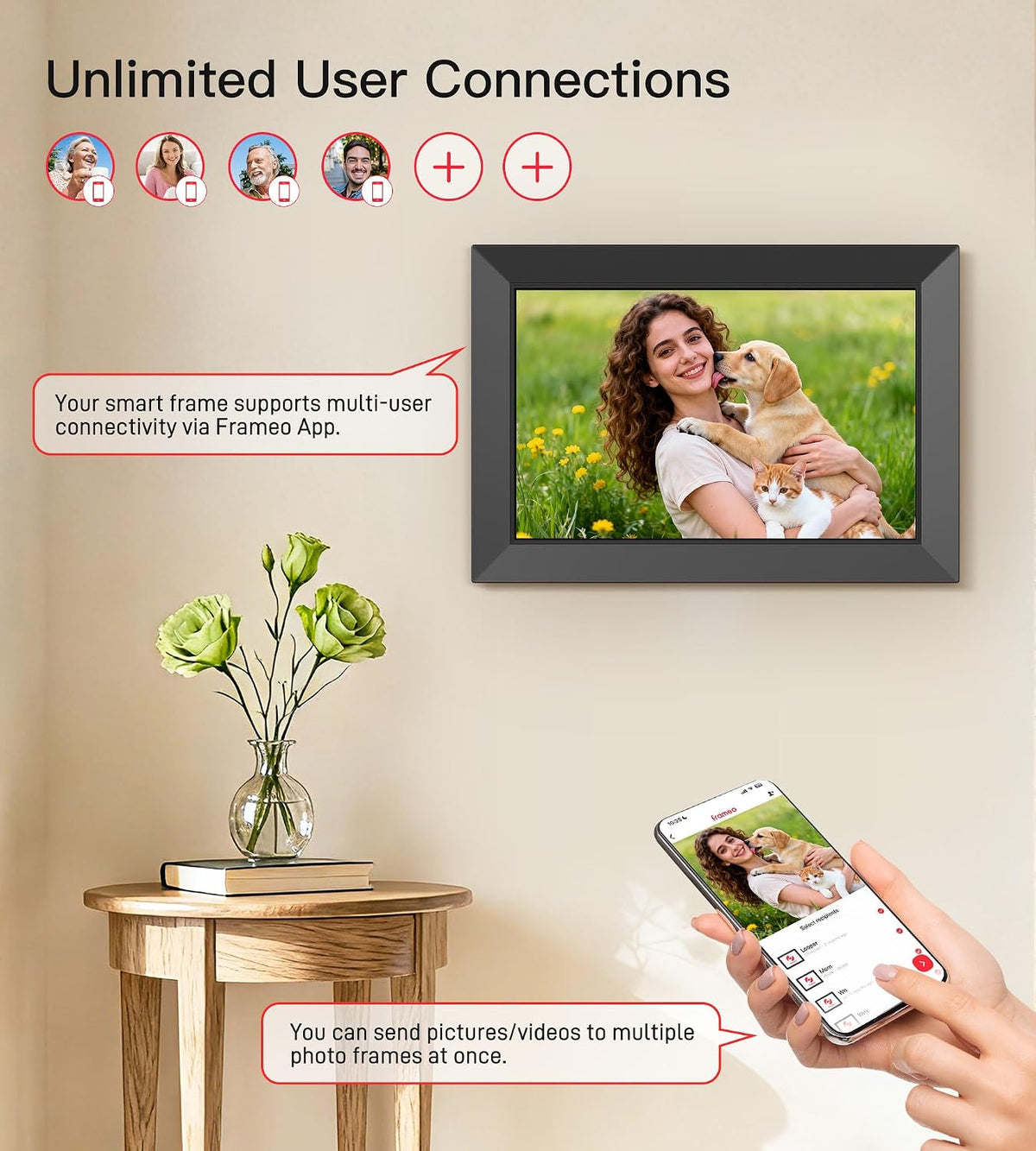 Frameo 10,1 Zoll WiFi Digitaler Bilderrahmen, 1280x800 HD IPS Touchscreen Foto Rahmen, 32GB Speicher, Automatische Rotation, Wandmontagefähig, Teilen Sie Fotos sofort von überall aus