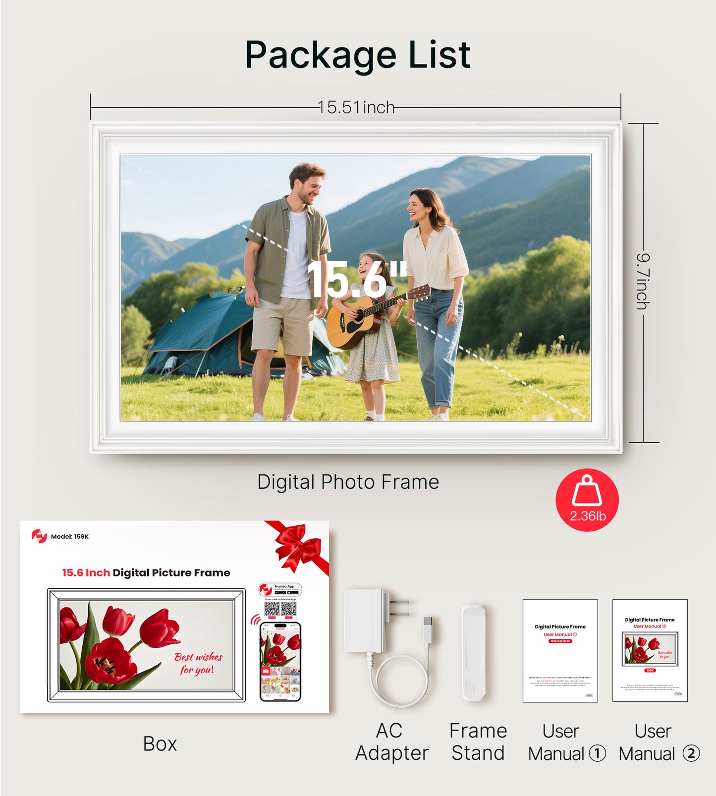 64GB Frameo 15.6" Digital Picture Frame Large 1920 x 1080 IPS FHD Touch Screen WiFi Electronic Photo Frames Share Moments Instantly Anywhere Best Gifts for Parents and Grandparents White