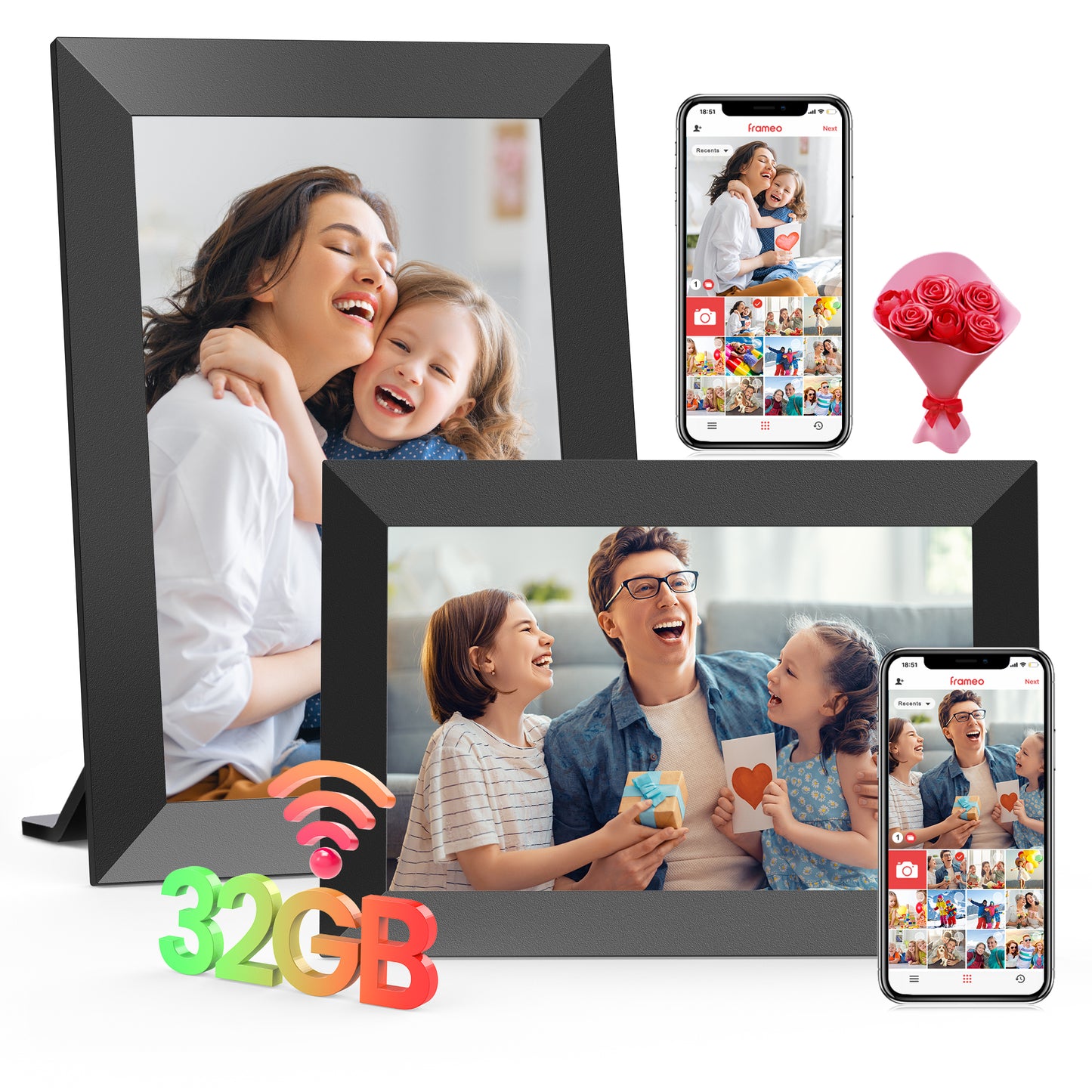 RICILAR Frameo WiFi Digital Picture Frames 2 Pack, 10.1-inch Electronic Photo Frames with IPS Touch Screen, 32GB Storage, Auto-Rotate, Wall Mountable, Ideal Gift Selection!