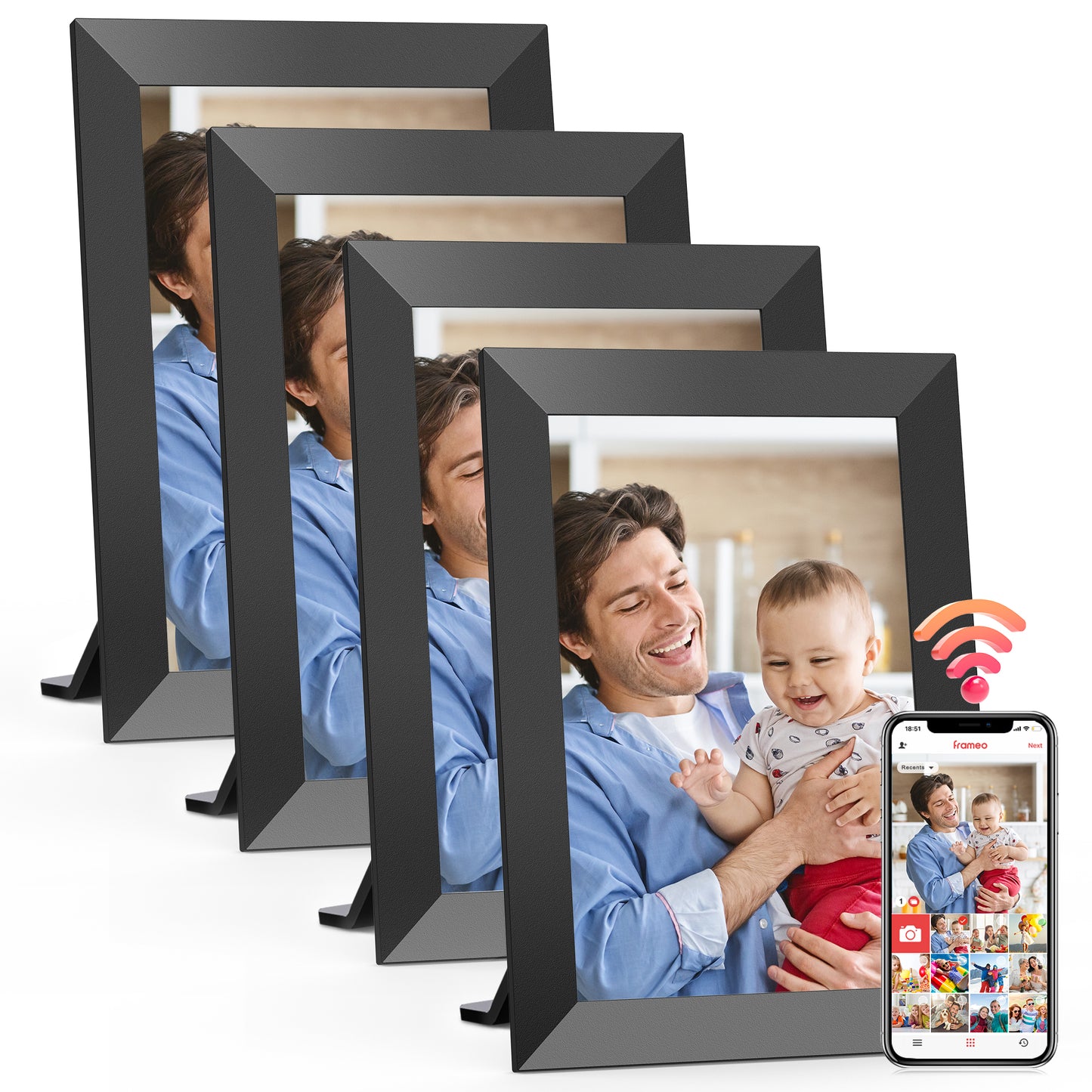 RICILAR Frameo WiFi Digital Picture Frames 4 Pack, 10.1-inch Electronic Photo Frames with IPS Touch Screen, 32GB Storage, Auto-Rotate, Wall Mountable, Amazing Gift for Family and Friends!