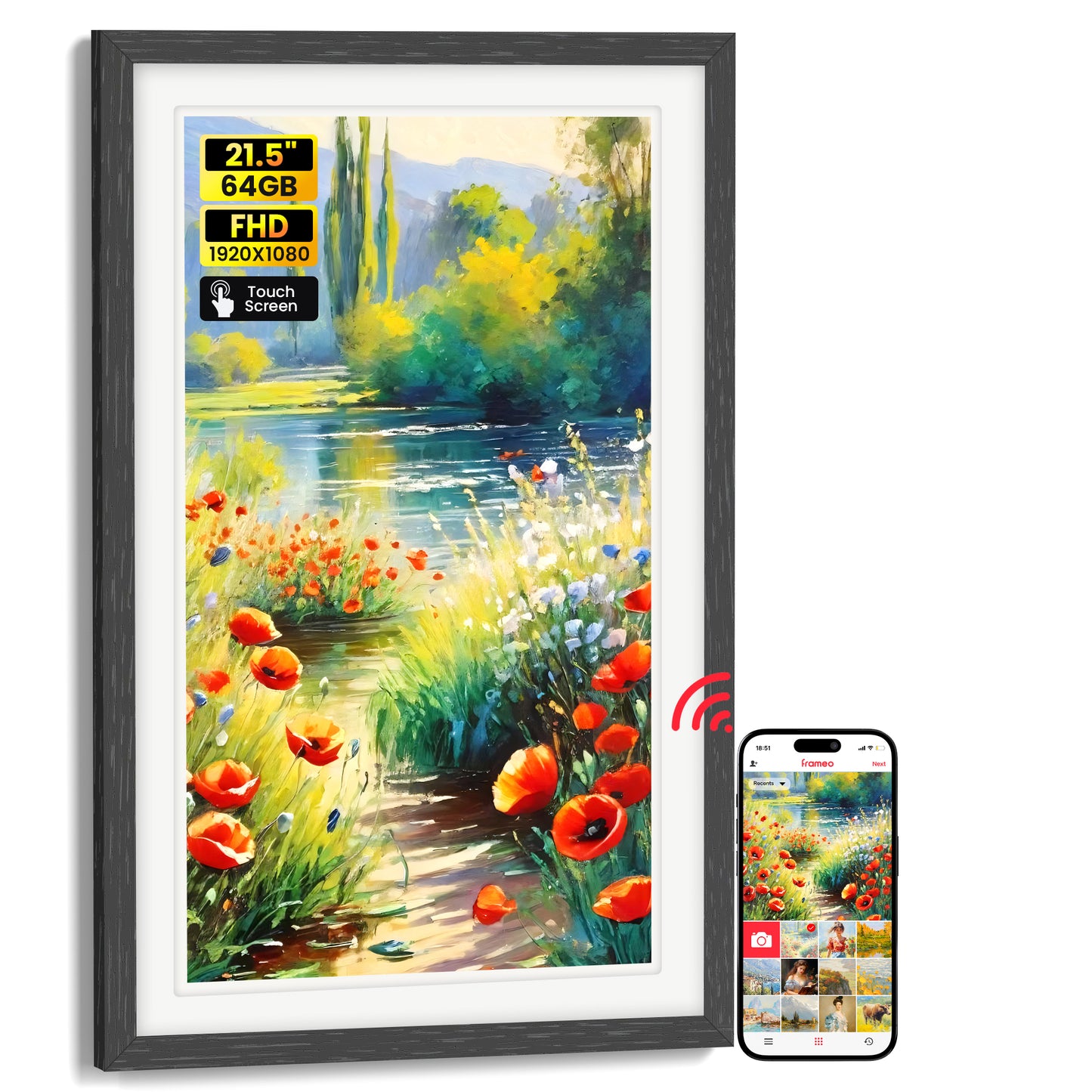 Frameo 21.5 Inch WiFi Digital Photo Frame with 64GB Memory, 1920x1080 FHD IPS Touchscreen Digital Picture Frame, Auto-Rotate, Instant Photo & Video Sharing via Frameo App